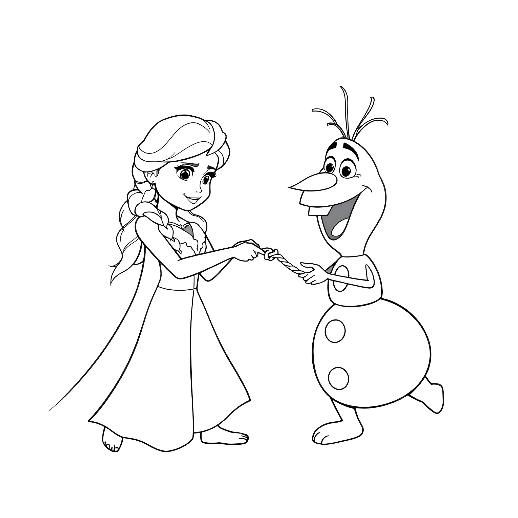 Elsa playing with her friend Olaf the snowman Coloring Page (free black-and-white line drawing printable PDF for all, from beginners to advanced learners, including children, teens, adults, and seniors)