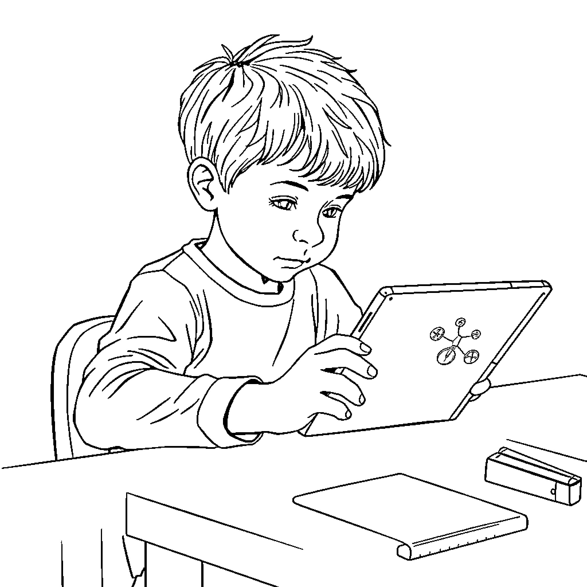 Student using digital device at desk Coloring Page (free black-and-white line drawing printable PDF for all, from beginners to advanced learners, including children, teens, adults, and seniors)