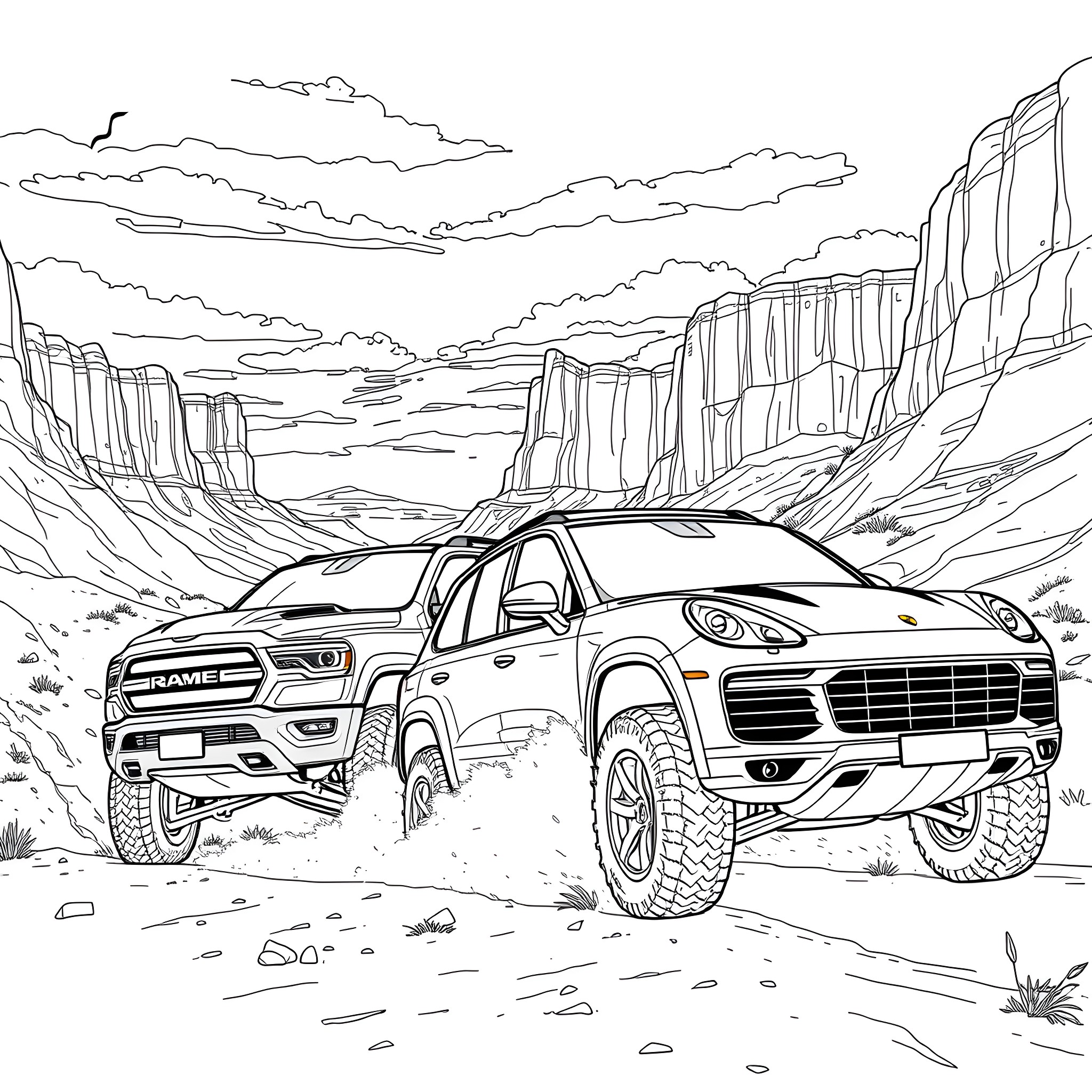 Truck Tackling Rugged Terrain in Scenic Landscape Coloring Page (free black-and-white line drawing printable PDF for all, from beginners to advanced learners, including children, teens, adults, and seniors)