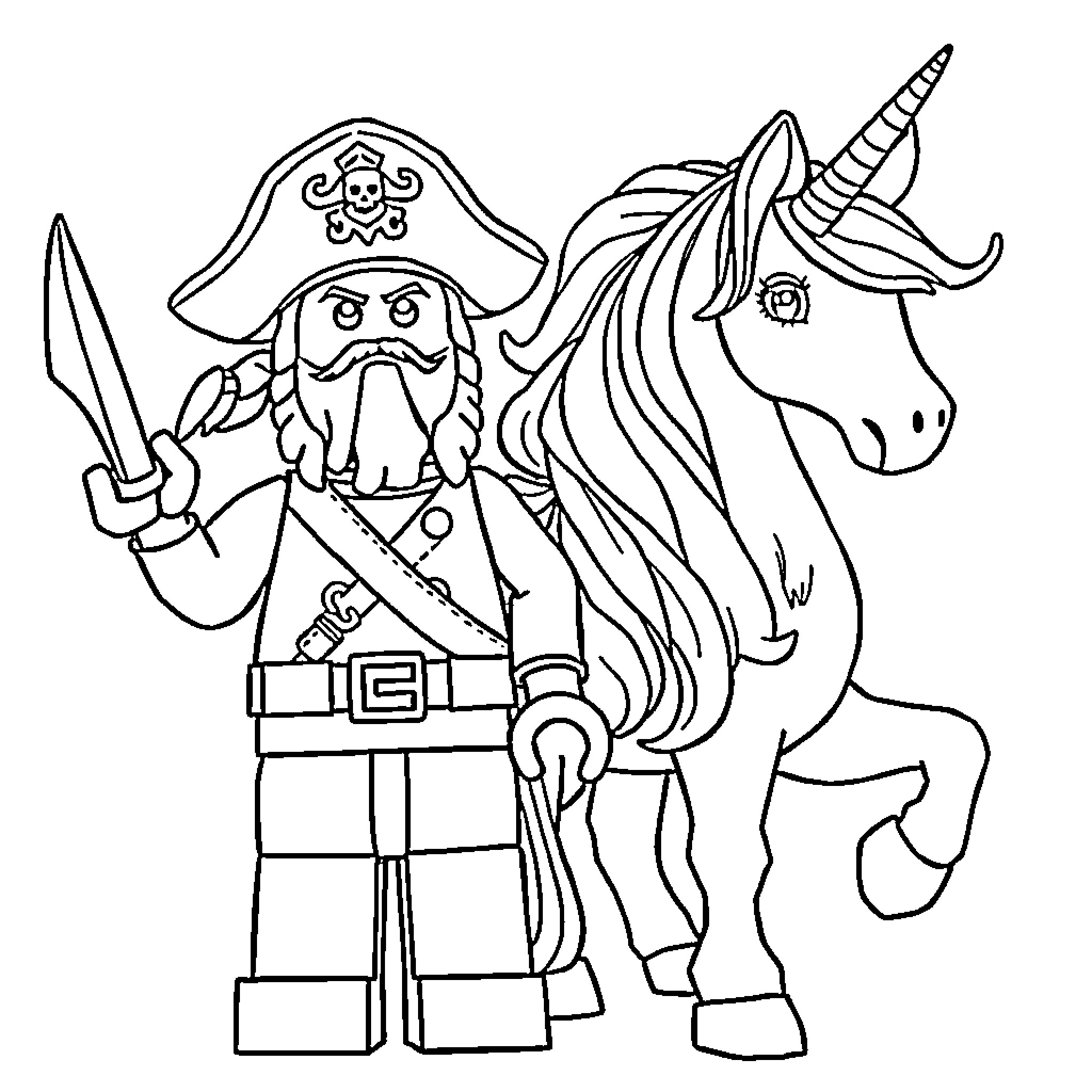 Lego Pirate with Unicorn Companion Coloring Page (free black-and-white line drawing printable PDF for all, from beginners to advanced learners, including children, teens, adults, and seniors)