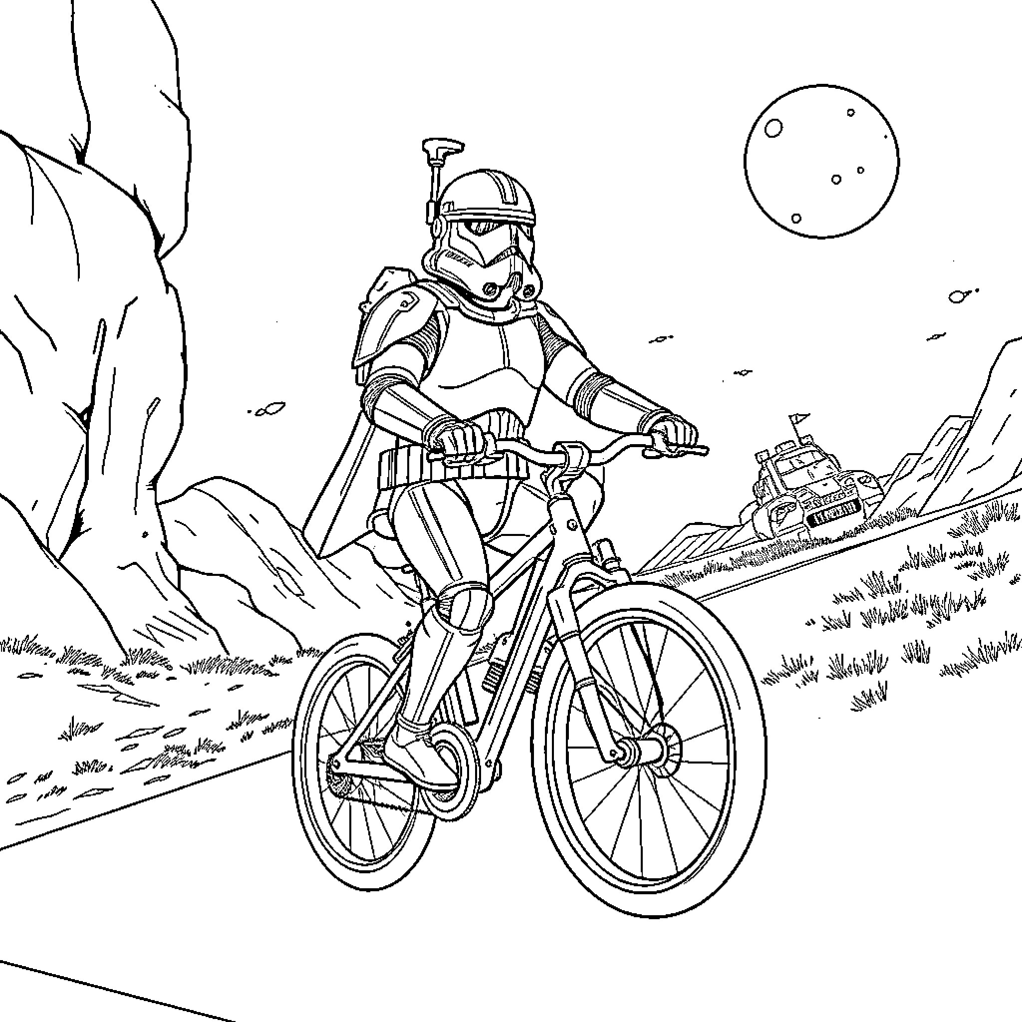 Clone Trooper on Futuristic Bicycle Adventure Coloring Page (free black-and-white line drawing printable PDF for all, from beginners to advanced learners, including children, teens, adults, and seniors)