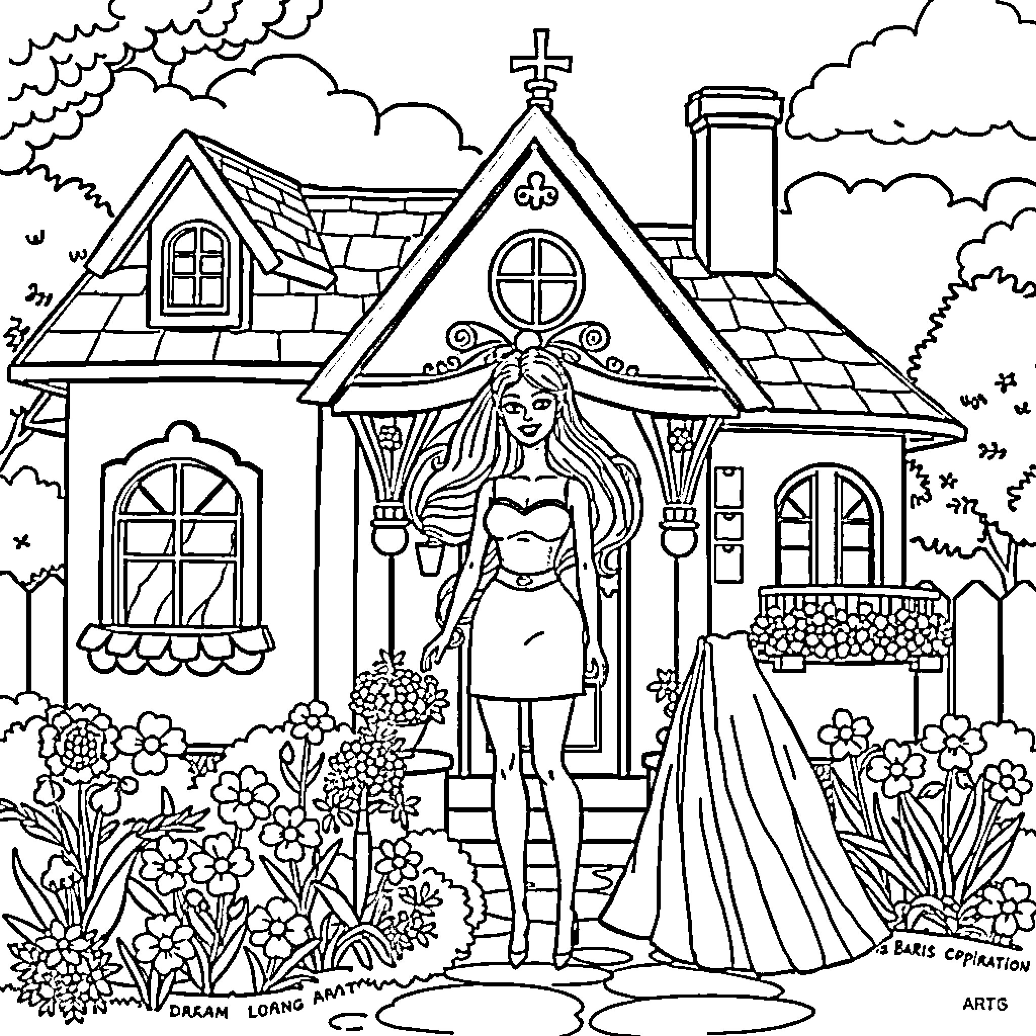 Barbie standing in front of a fairytale cottage Coloring Page (free black-and-white line drawing printable PDF for all, from beginners to advanced learners, including children, teens, adults, and seniors)
