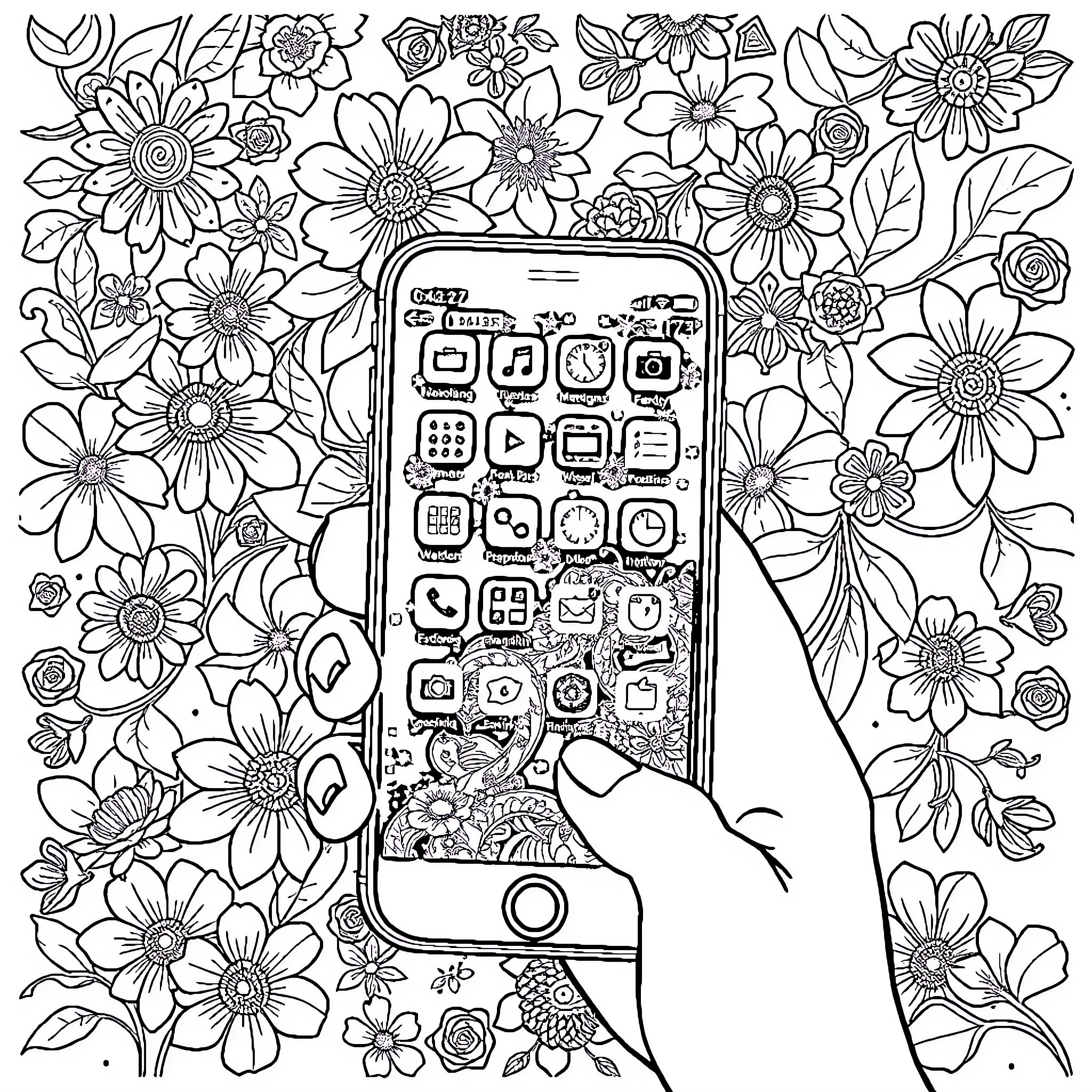 Internet App Surrounded by Vibrant Floral Backdrop Coloring Page (free black-and-white line drawing printable PDF for all, from beginners to advanced learners, including children, teens, adults, and seniors)