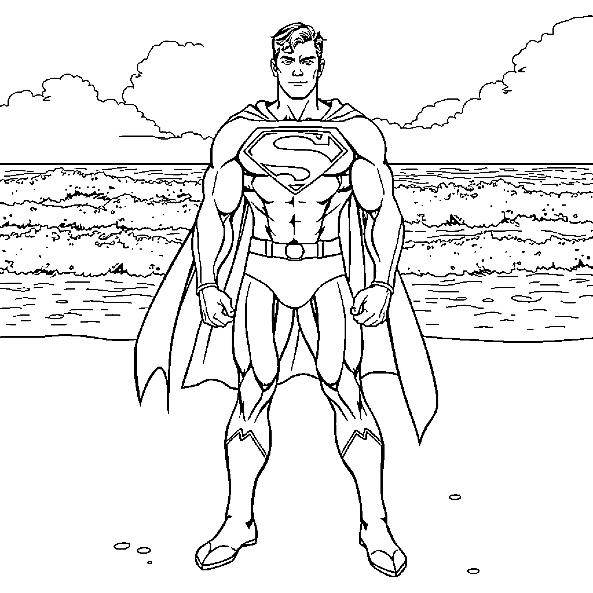 Superman standing heroically on a beach Coloring Page (free black-and-white line drawing printable PDF for all, from beginners to advanced learners, including children, teens, adults, and seniors)