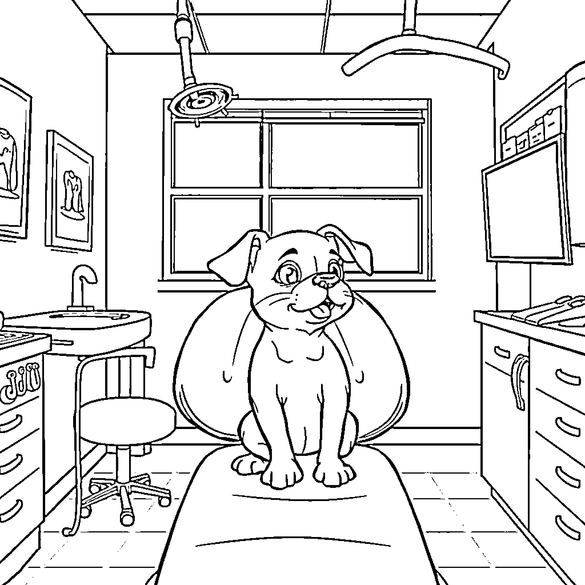 Dog sitting obediently in a veterinary clinic Coloring Page (free black-and-white line drawing printable PDF for all, from beginners to advanced learners, including children, teens, adults, and seniors)
