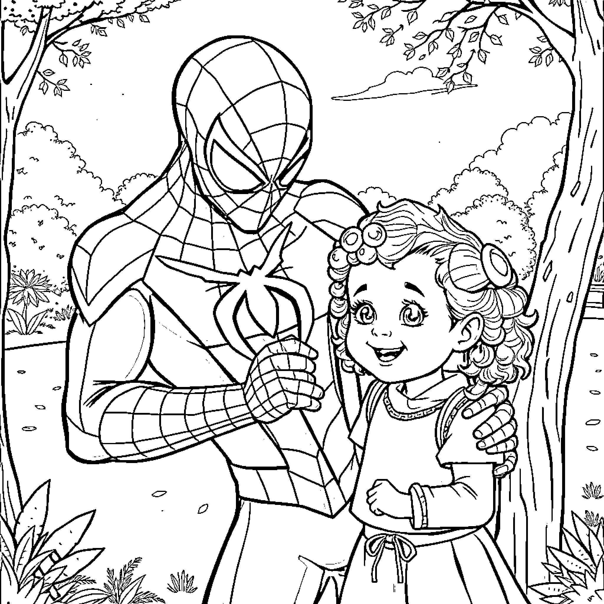 Spiderman comforting a young girl in a forest scene Coloring Page (free black-and-white line drawing printable PDF for all, from beginners to advanced learners, including children, teens, adults, and seniors)