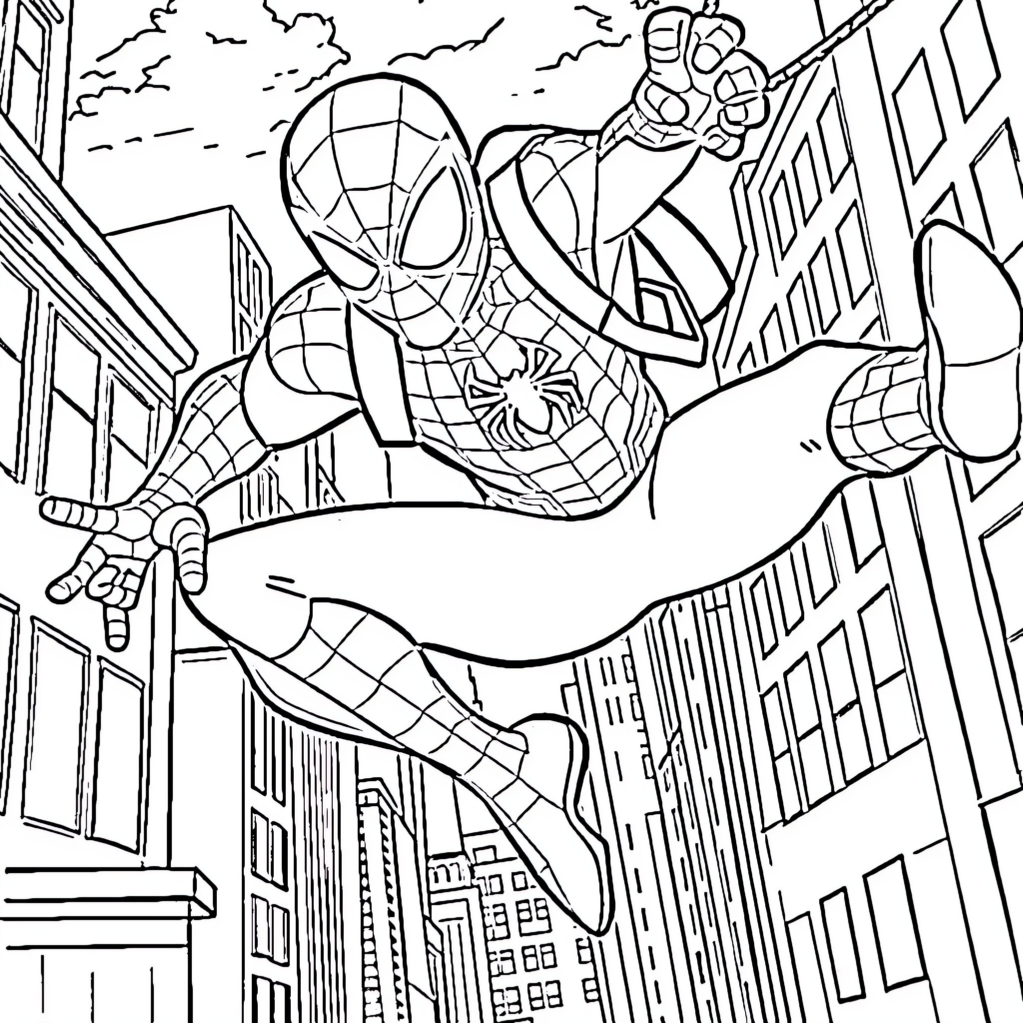Spidey swinging through the city Coloring Page (free black-and-white line drawing printable PDF for all, from beginners to advanced learners, including children, teens, adults, and seniors)