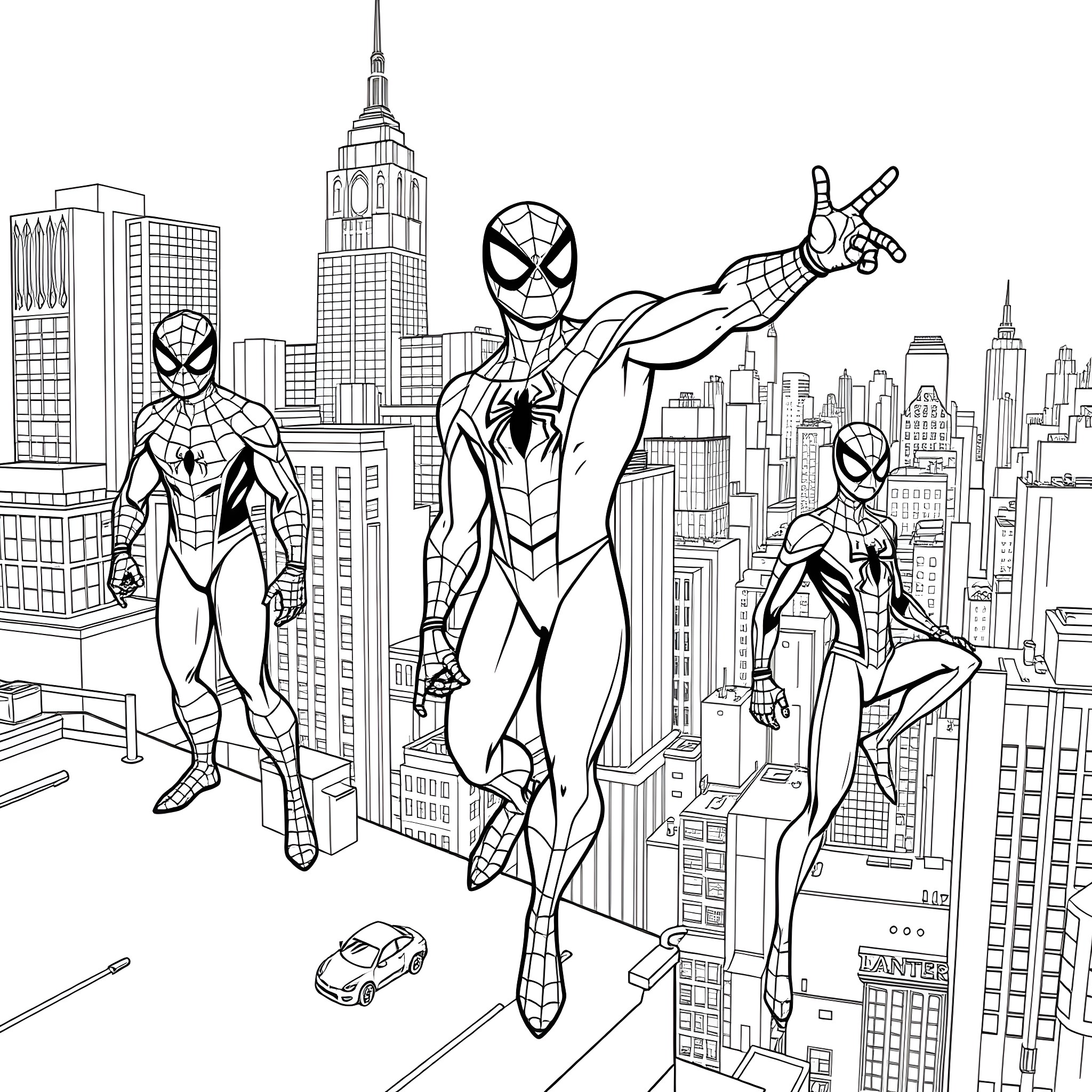 Spider-Heroes Soaring Through the Cityscape Coloring Page (free black-and-white line drawing printable PDF for all, from beginners to advanced learners, including children, teens, adults, and seniors)