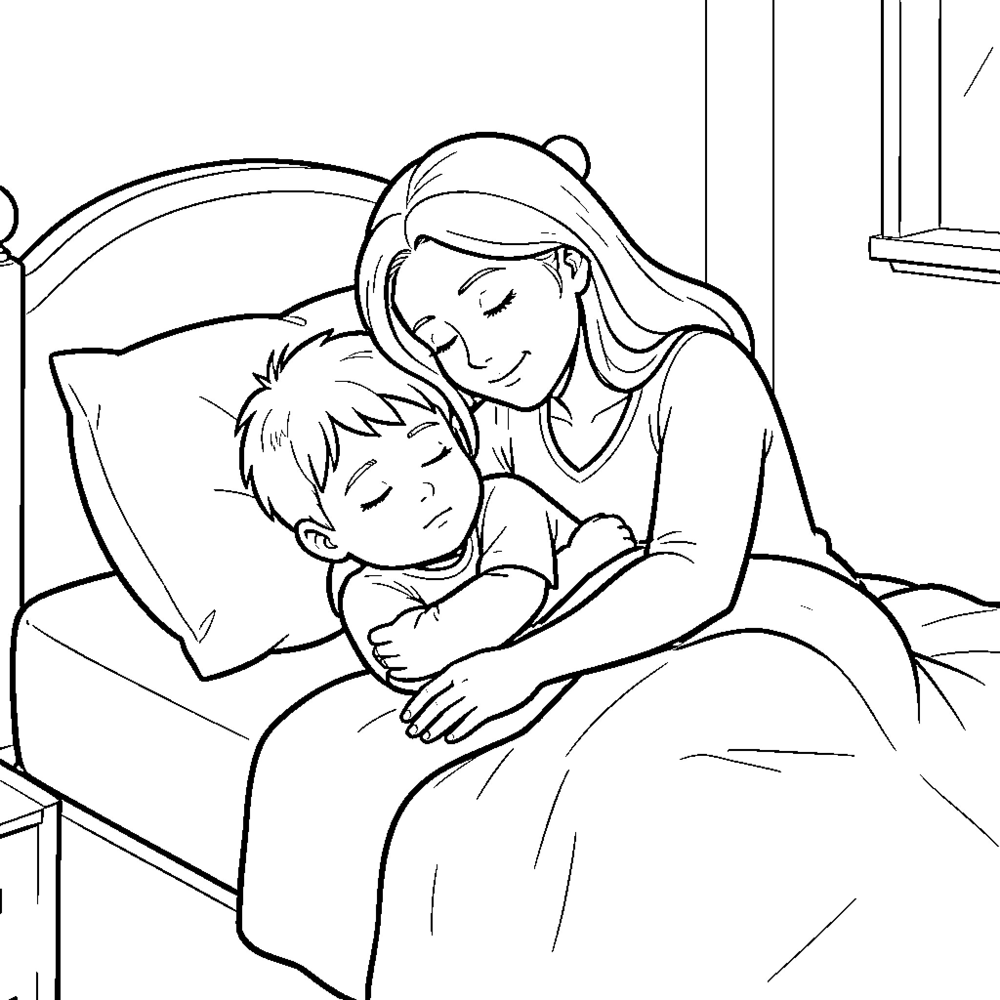 Niño relajándose con su madre Coloring Page (free black-and-white line drawing printable PDF for all, from beginners to advanced learners, including children, teens, adults, and seniors)