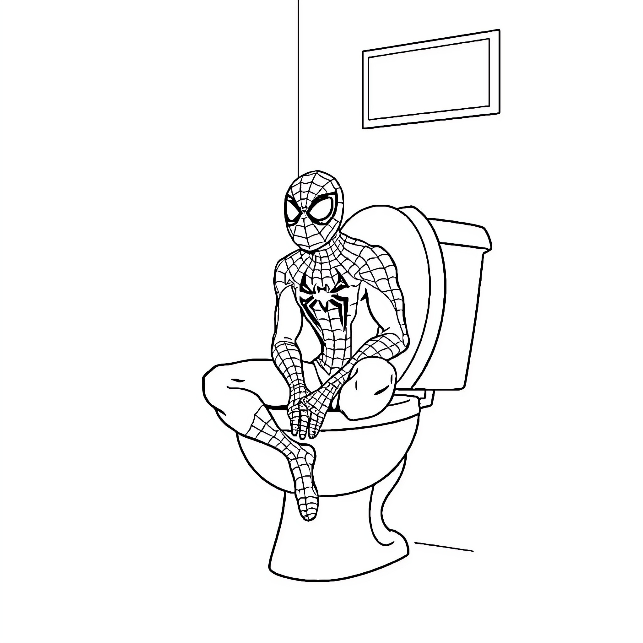 Spiderman doing his business on the toilet Coloring Page (free black-and-white line drawing printable PDF for all, from beginners to advanced learners, including children, teens, adults, and seniors)