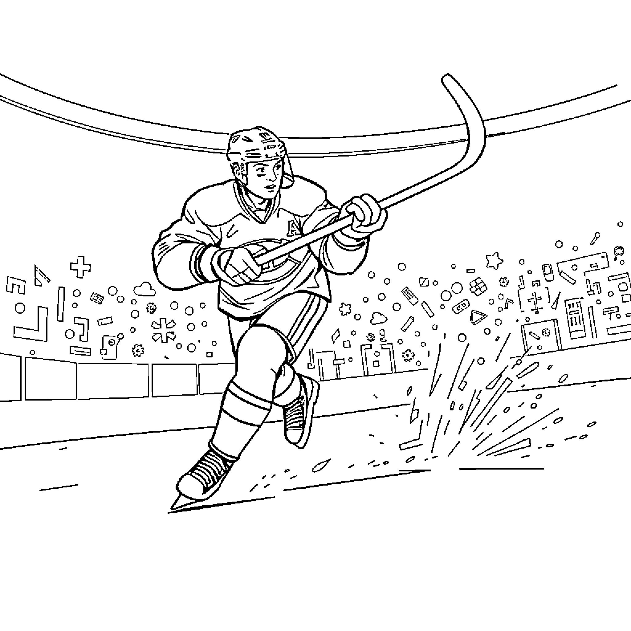 Hockey Player Scoring a Goal on the Ice Rink Coloring Page (free black-and-white line drawing printable PDF for all, from beginners to advanced learners, including children, teens, adults, and seniors)