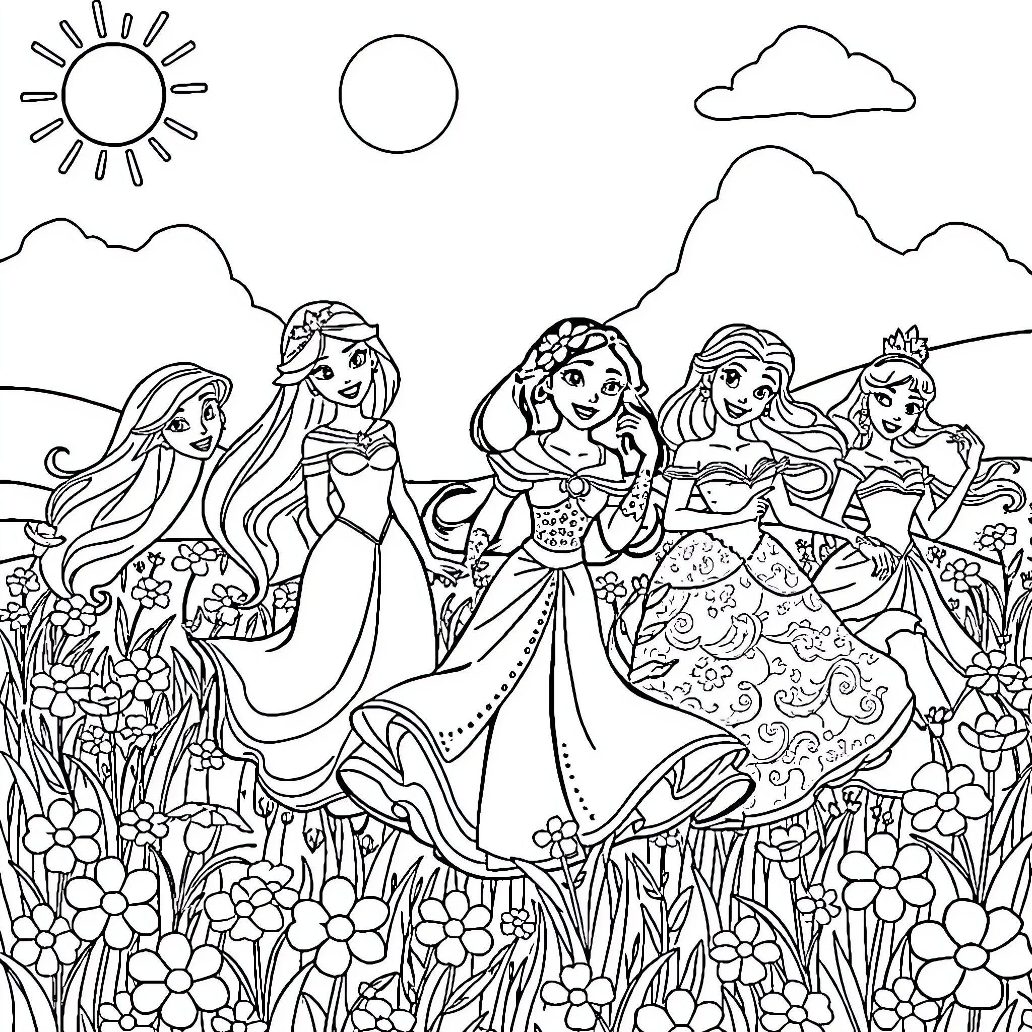 Princess Disney Princesses Joyfully Exploring Nature Coloring Page (free black-and-white line drawing printable PDF for all, from beginners to advanced learners, including children, teens, adults, and seniors)