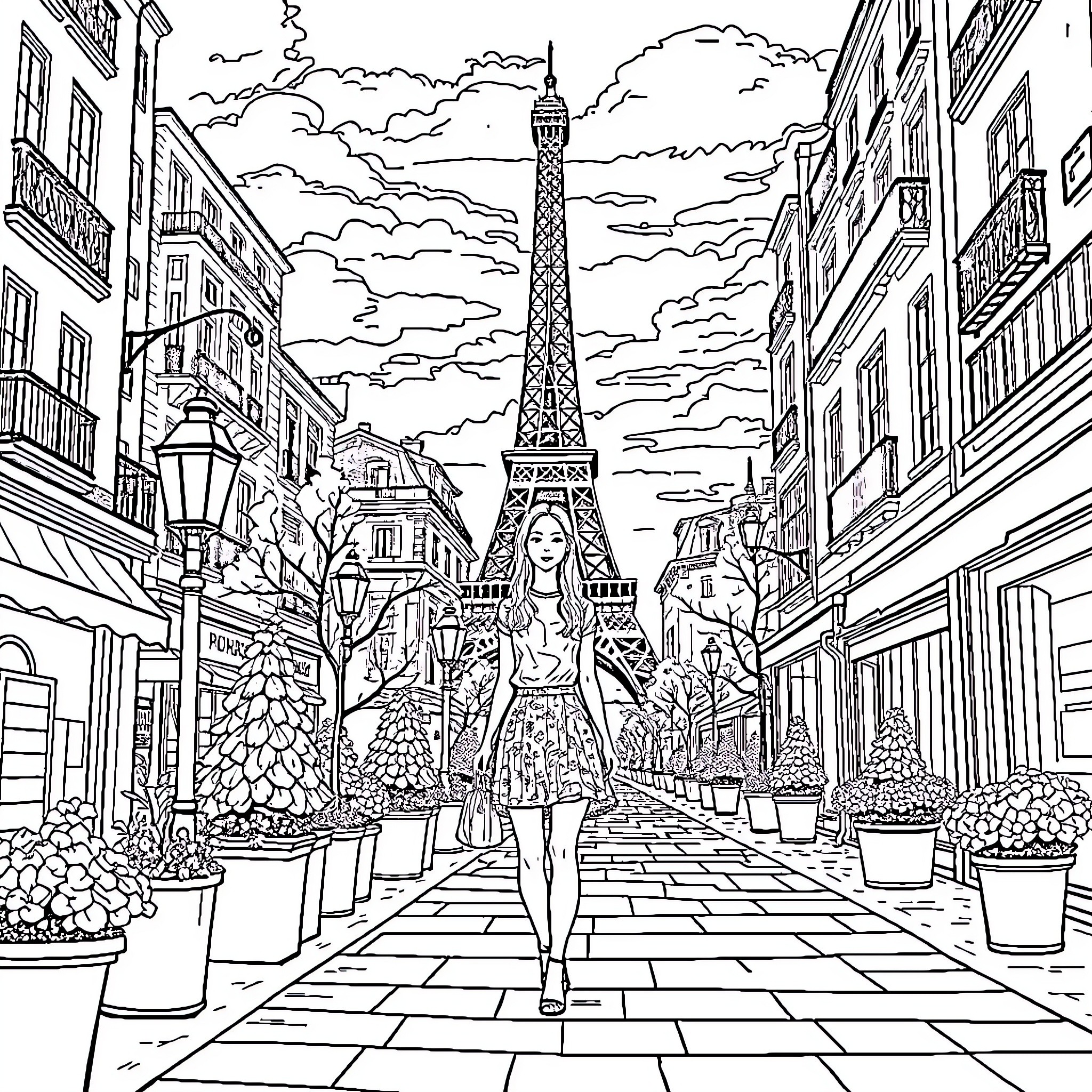 Stella strolling through the charming Parisian streets Coloring Page (free black-and-white line drawing printable PDF for all, from beginners to advanced learners, including children, teens, adults, and seniors)