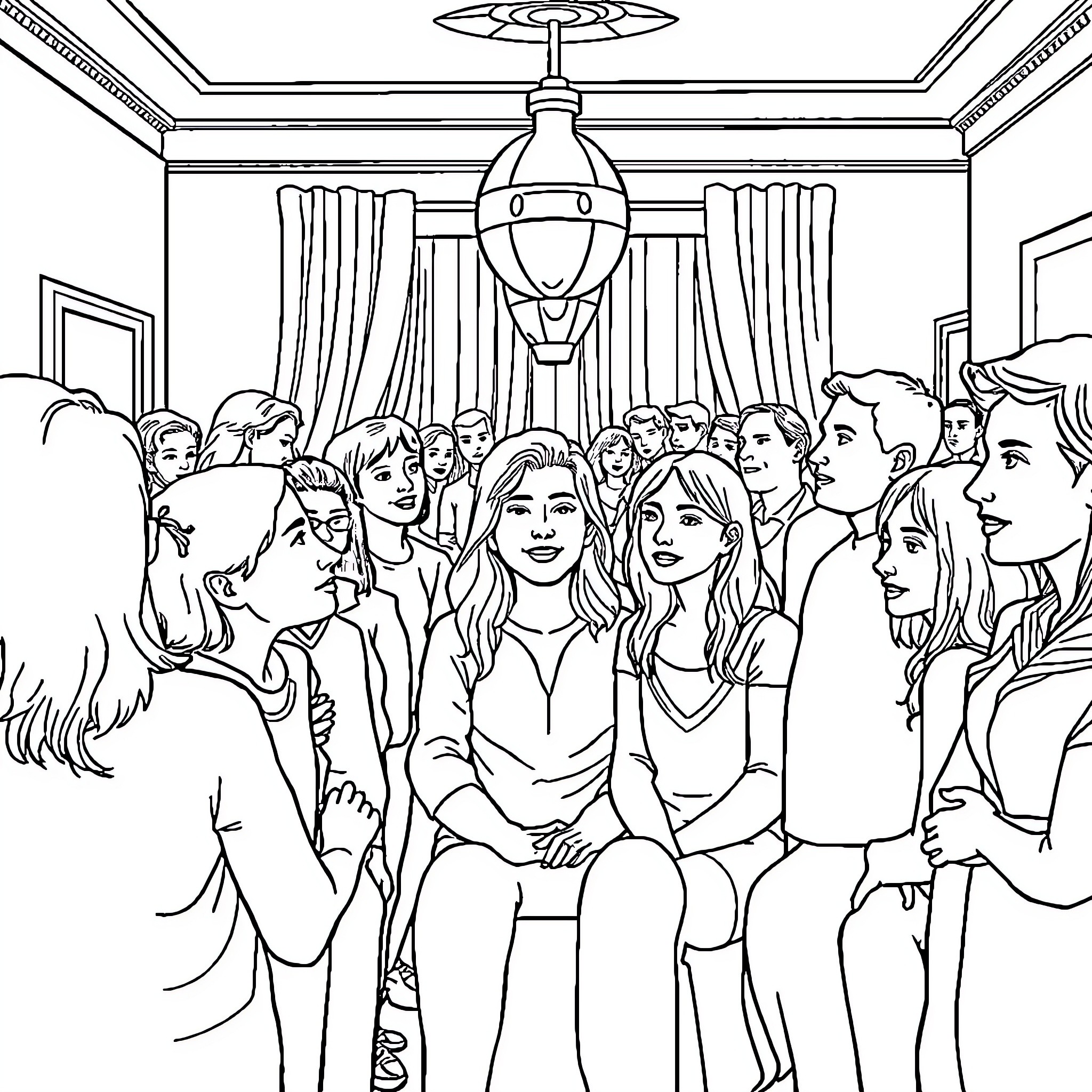 Most Stylish Group Gathering in Formal Setting Coloring Page (free black-and-white line drawing printable PDF for all, from beginners to advanced learners, including children, teens, adults, and seniors)