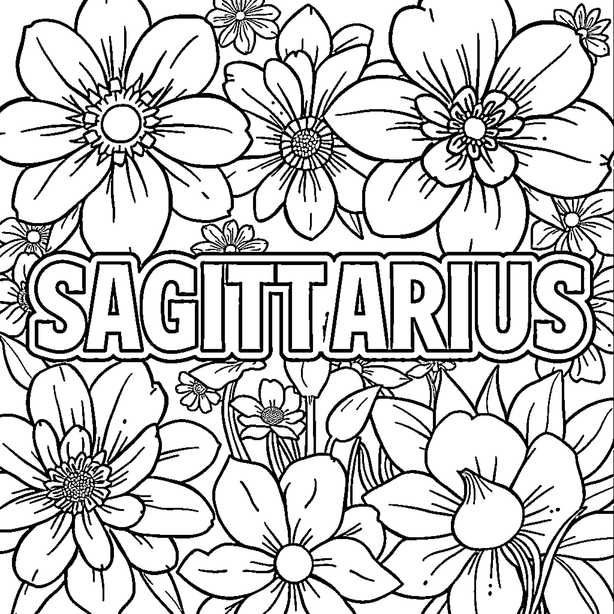 Sagittarius surrounded by vibrant floral patterns Coloring Page (free black-and-white line drawing printable PDF for all, from beginners to advanced learners, including children, teens, adults, and seniors)