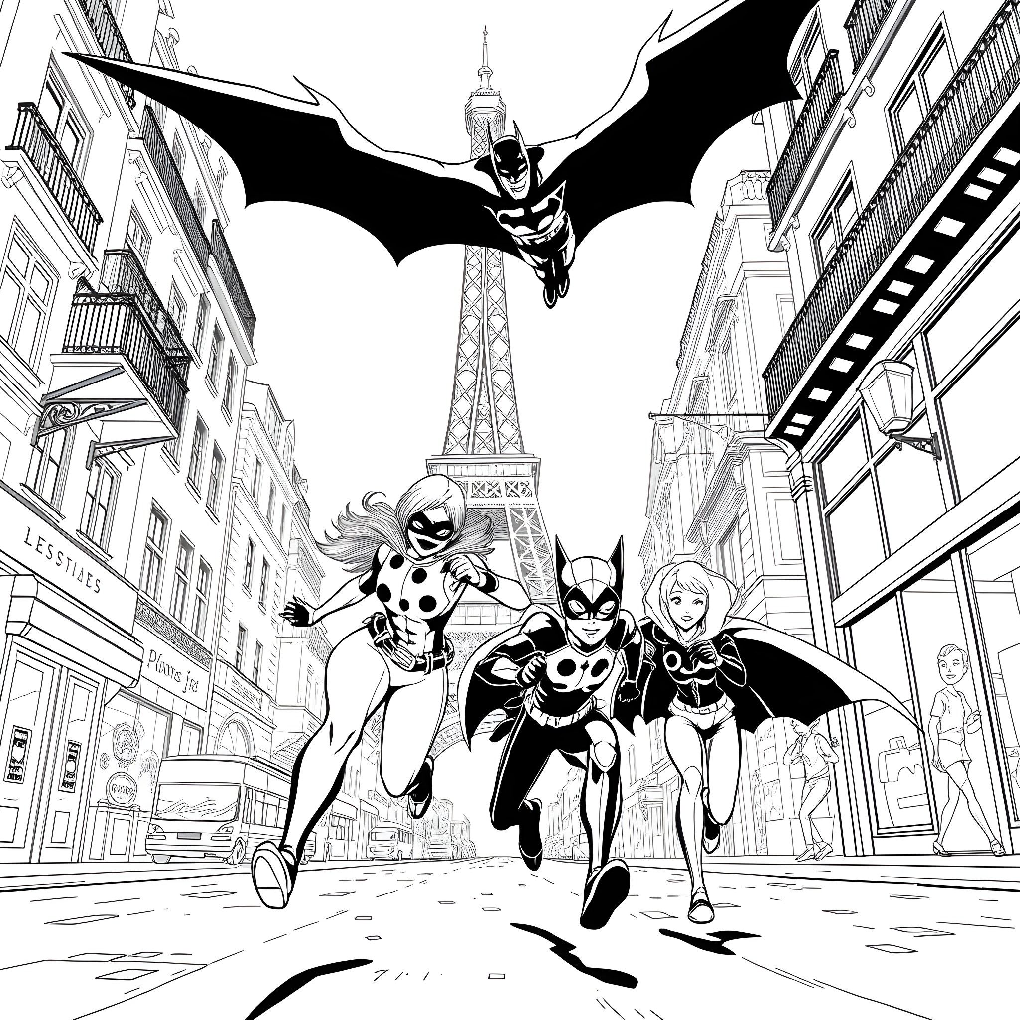 Miraculous Ladybug Characters in Action in Paris Coloring Page (free black-and-white line drawing printable PDF for all, from beginners to advanced learners, including children, teens, adults, and seniors)