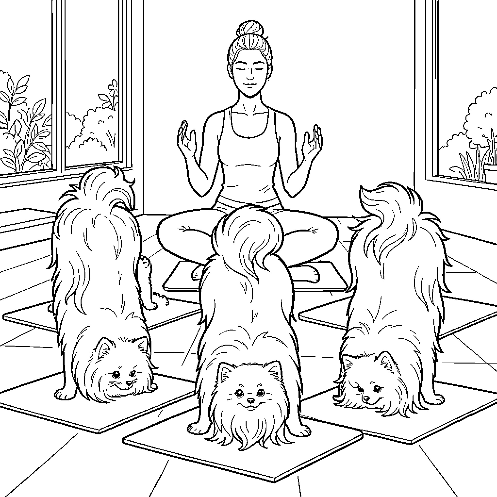 Pomeranian dogs sitting peacefully during a yoga session Coloring Page (free black-and-white line drawing printable PDF for all, from beginners to advanced learners, including children, teens, adults, and seniors)