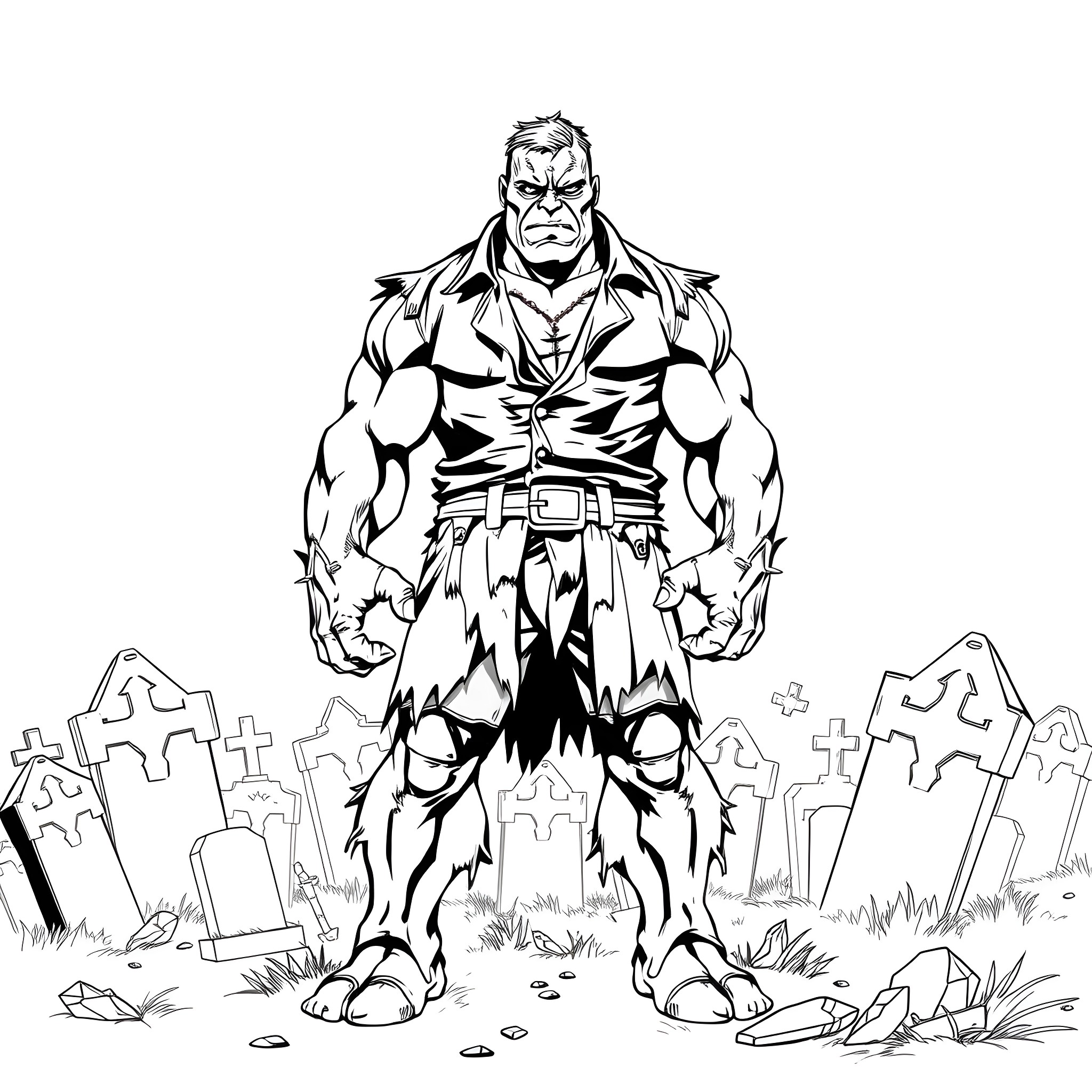 Skulk of Muscular Superhero in Graveyard Coloring Page (free black-and-white line drawing printable PDF for all, from beginners to advanced learners, including children, teens, adults, and seniors)