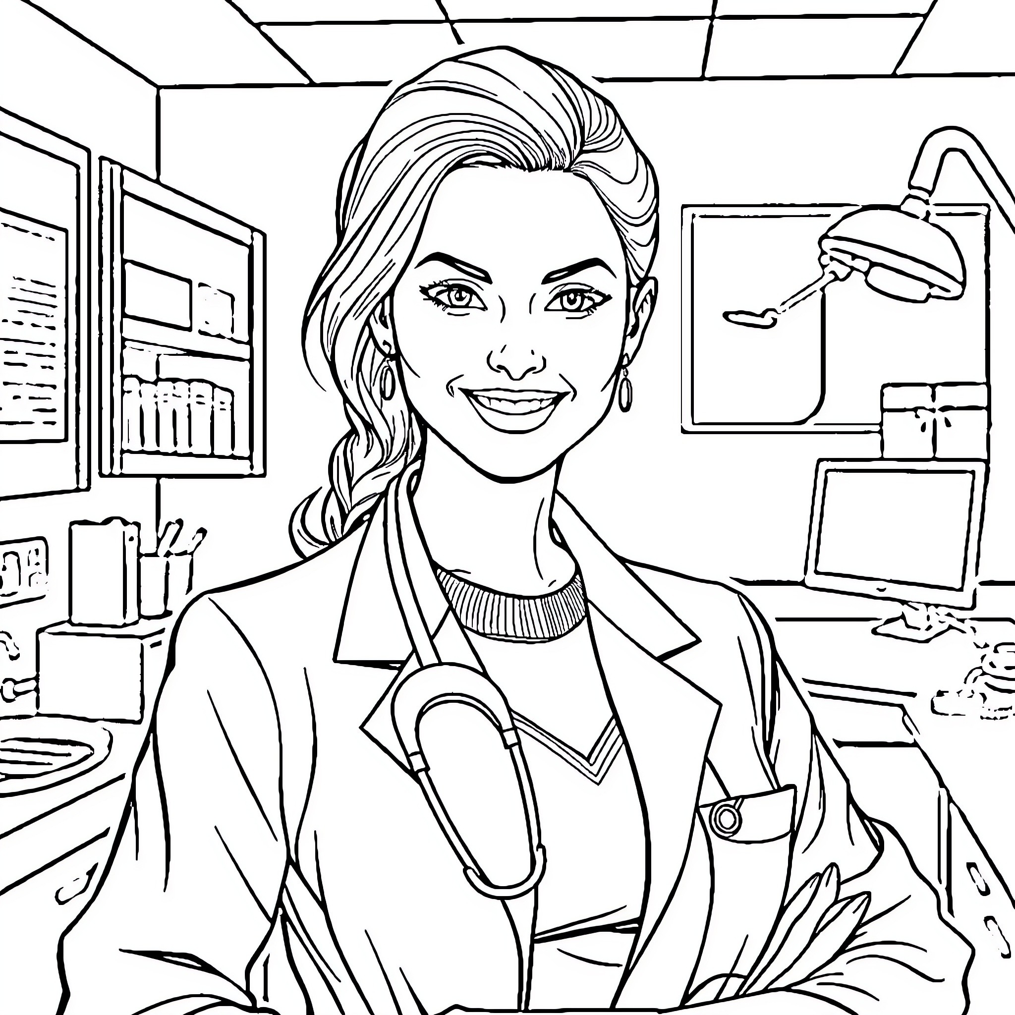 Dentist Smiling Warmly in a Dental Office Coloring Page (free black-and-white line drawing printable PDF for all, from beginners to advanced learners, including children, teens, adults, and seniors)