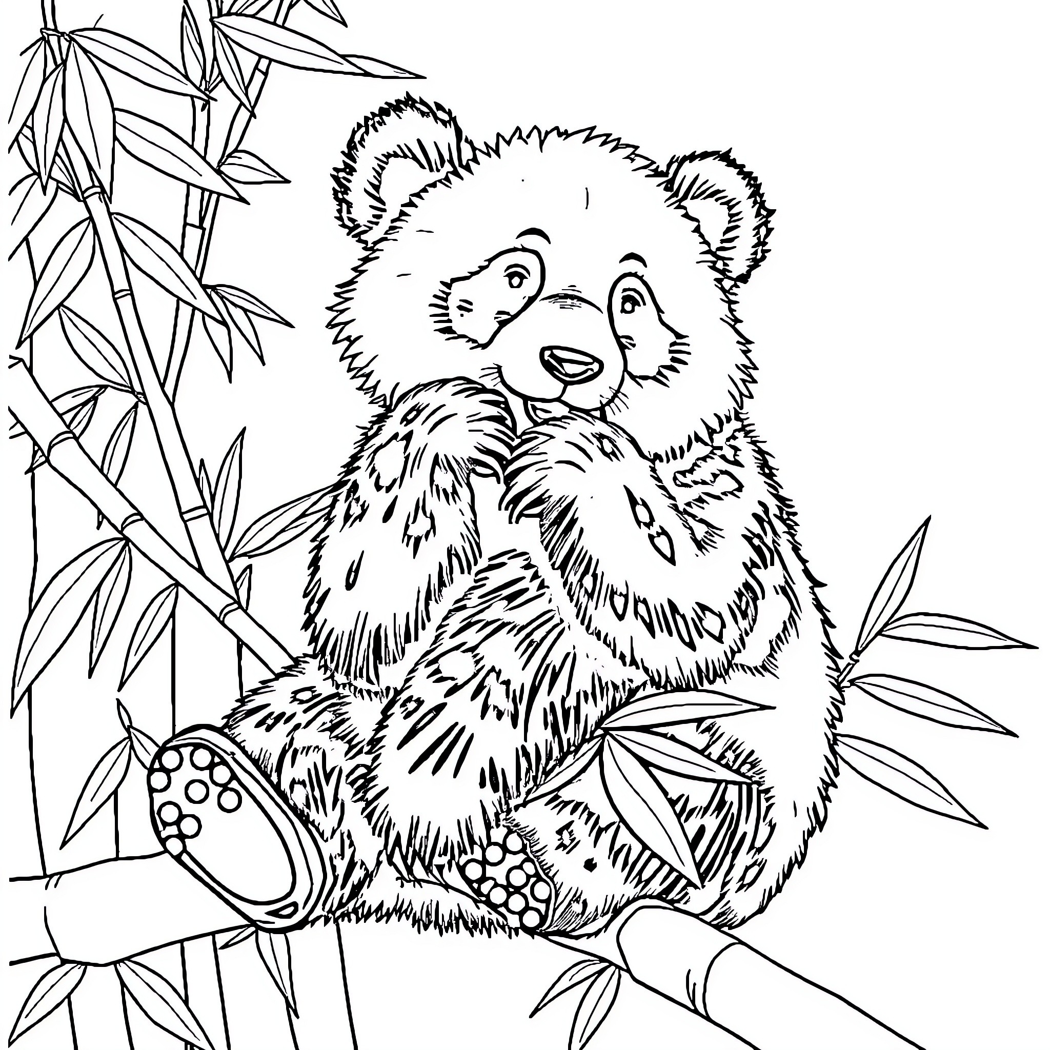 Panda sitting amidst bamboo plants Coloring Page (free black-and-white line drawing printable PDF for all, from beginners to advanced learners, including children, teens, adults, and seniors)