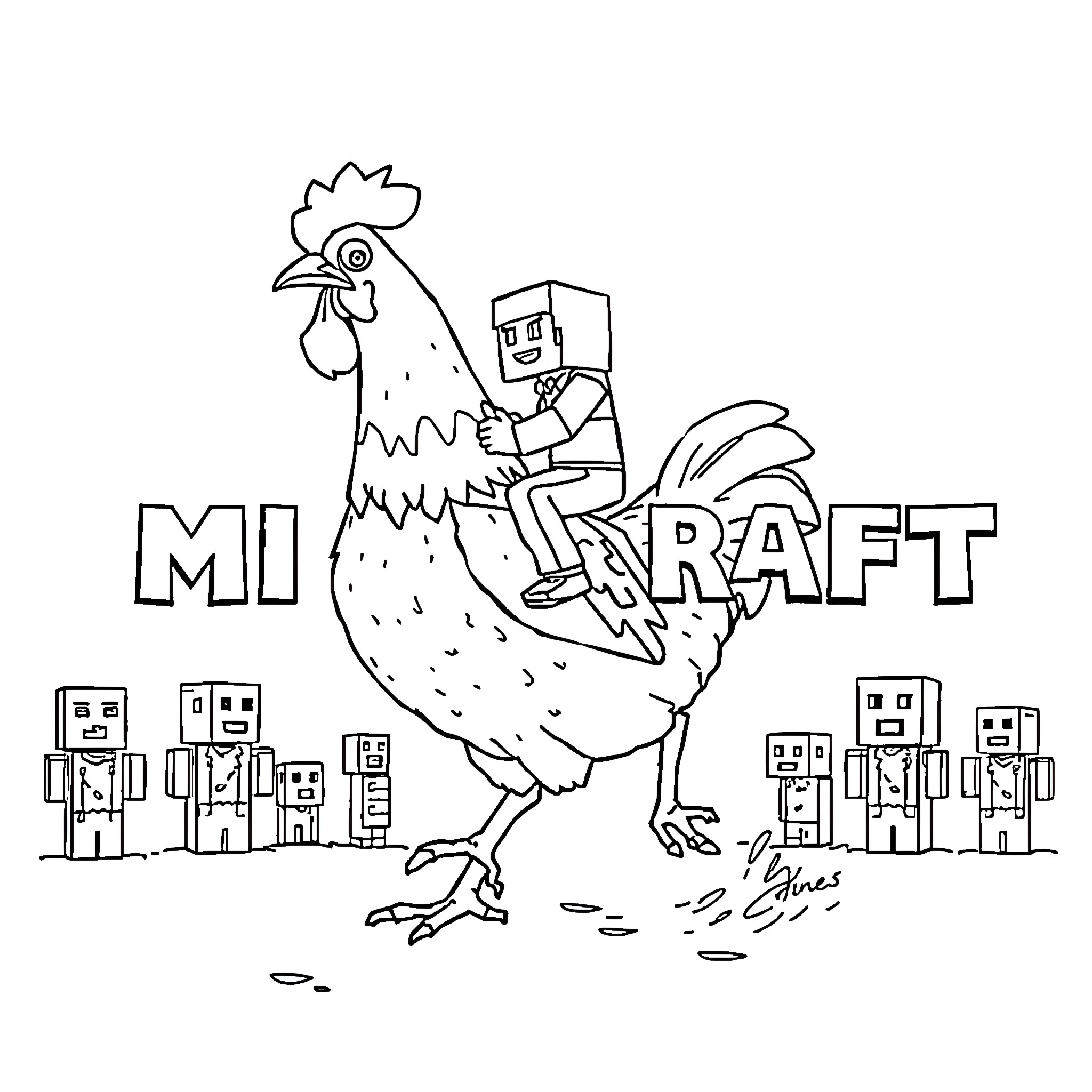 Chicken riding a robot in a Minecraft-inspired scene Coloring Page (free black-and-white line drawing printable PDF for all, from beginners to advanced learners, including children, teens, adults, and seniors)