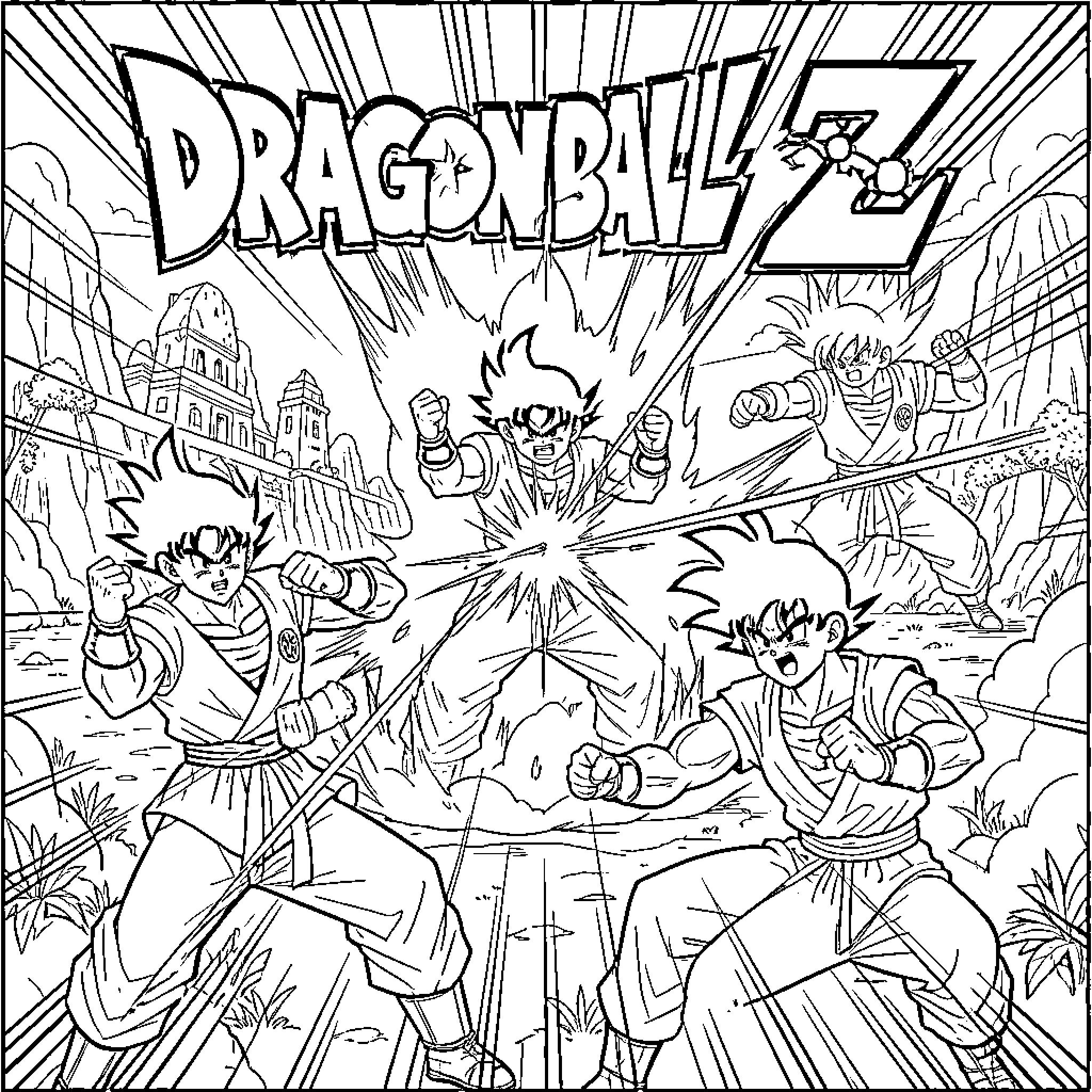 Dragon Ball Z - Intense Battle Scene Coloring Page (free black-and-white line drawing printable PDF for all, from beginners to advanced learners, including children, teens, adults, and seniors)
