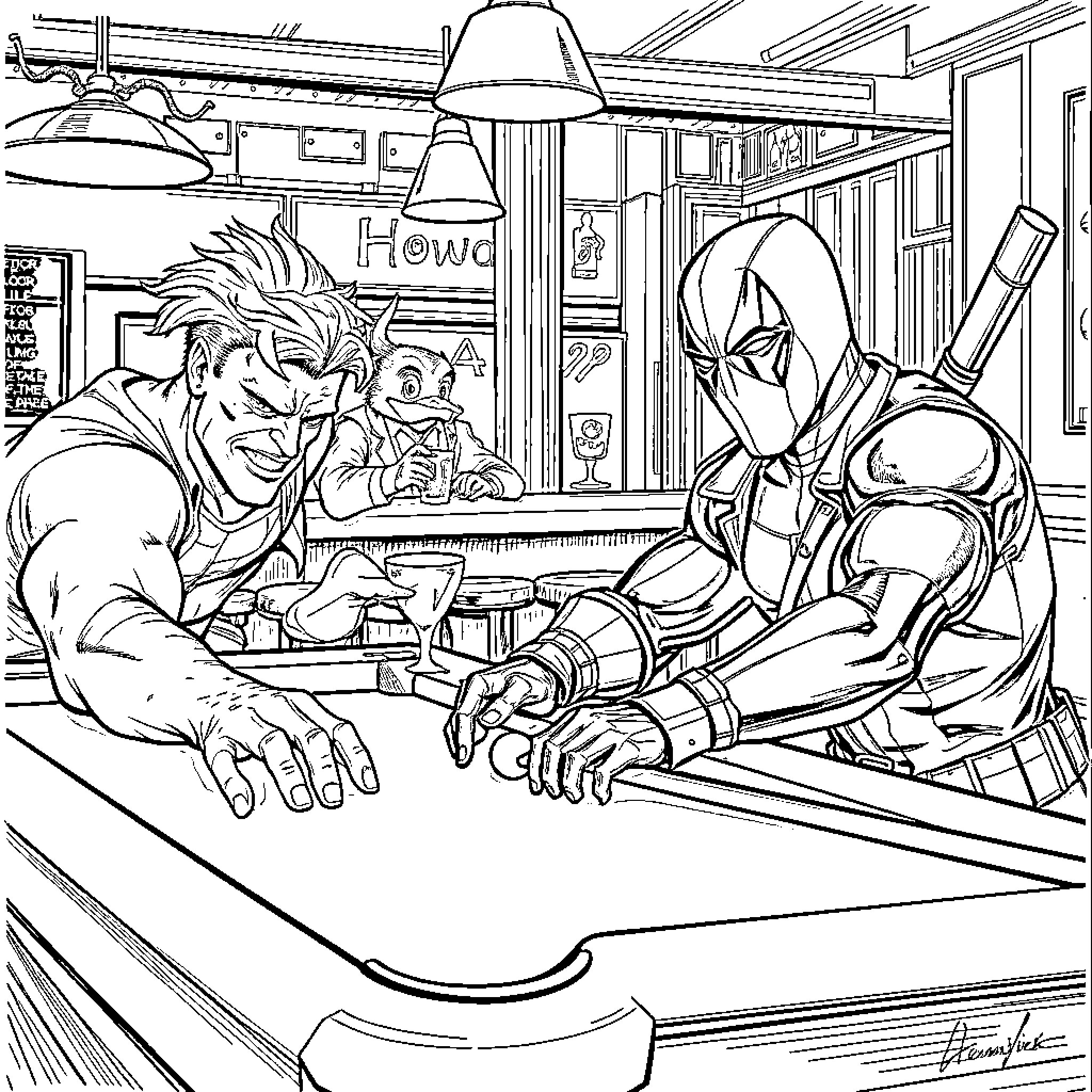 Green Lantern superheroes battling in a city diner Coloring Page (free black-and-white line drawing printable PDF for all, from beginners to advanced learners, including children, teens, adults, and seniors)