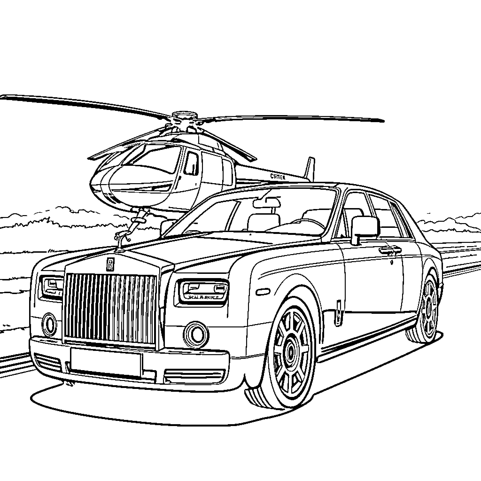 Rolls Royce luxury vehicle and helicopter in scenic setting Coloring Page (free black-and-white line drawing printable PDF for all, from beginners to advanced learners, including children, teens, adults, and seniors)
