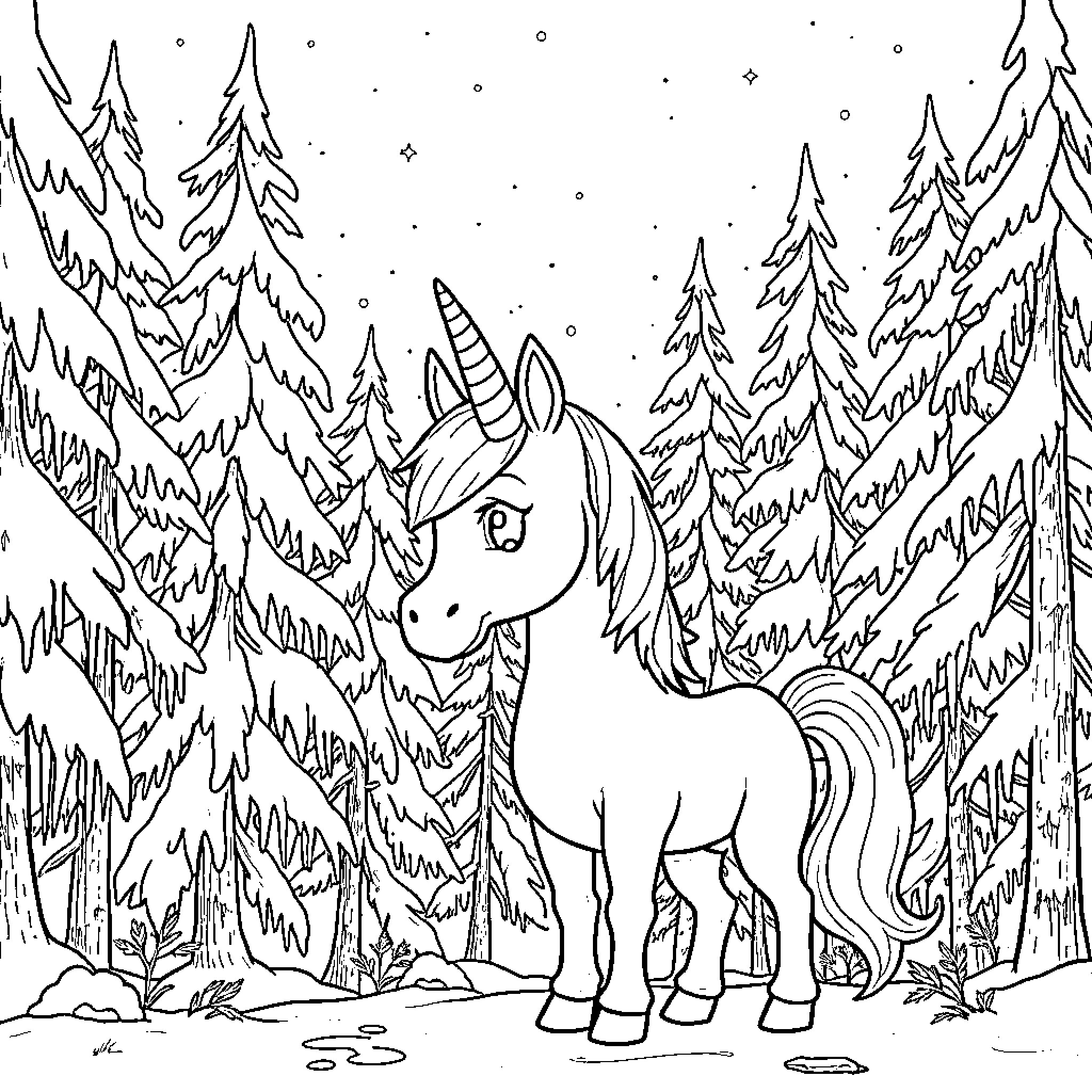 Unicorn exploring the snowy forest Coloring Page (free black-and-white line drawing printable PDF for all, from beginners to advanced learners, including children, teens, adults, and seniors)
