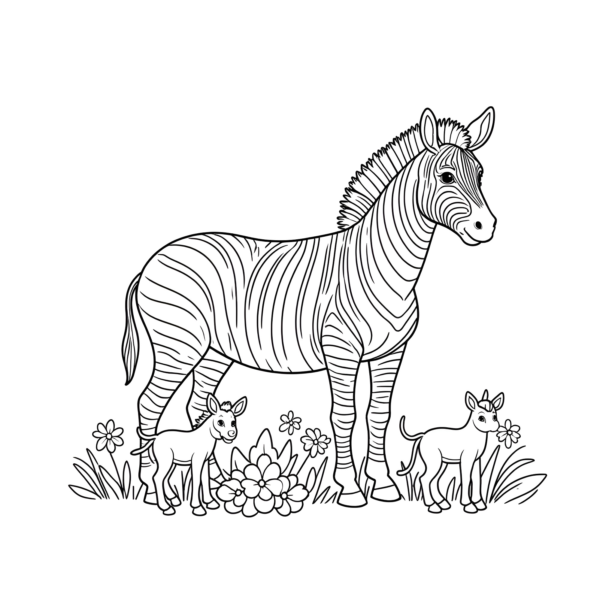 Zebra and her young in a floral meadow Coloring Page (free black-and-white line drawing printable PDF for all, from beginners to advanced learners, including children, teens, adults, and seniors)