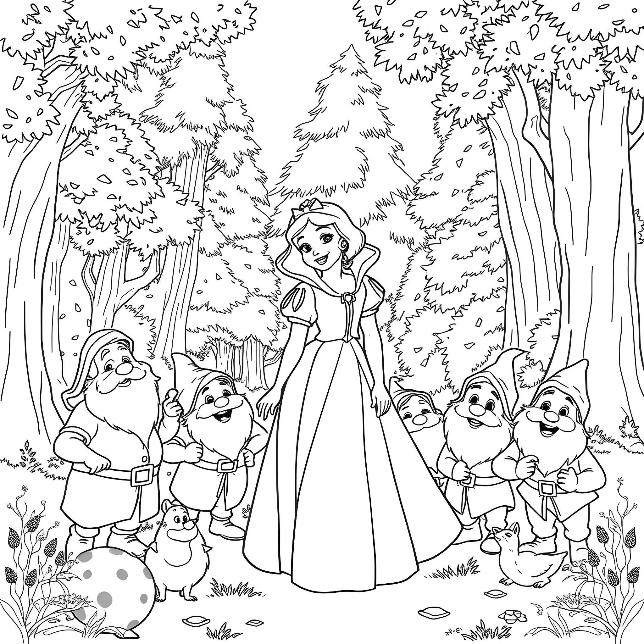 Dwarf Princess in the Enchanted Forest Coloring Page (free black-and-white line drawing printable PDF for all, from beginners to advanced learners, including children, teens, adults, and seniors)