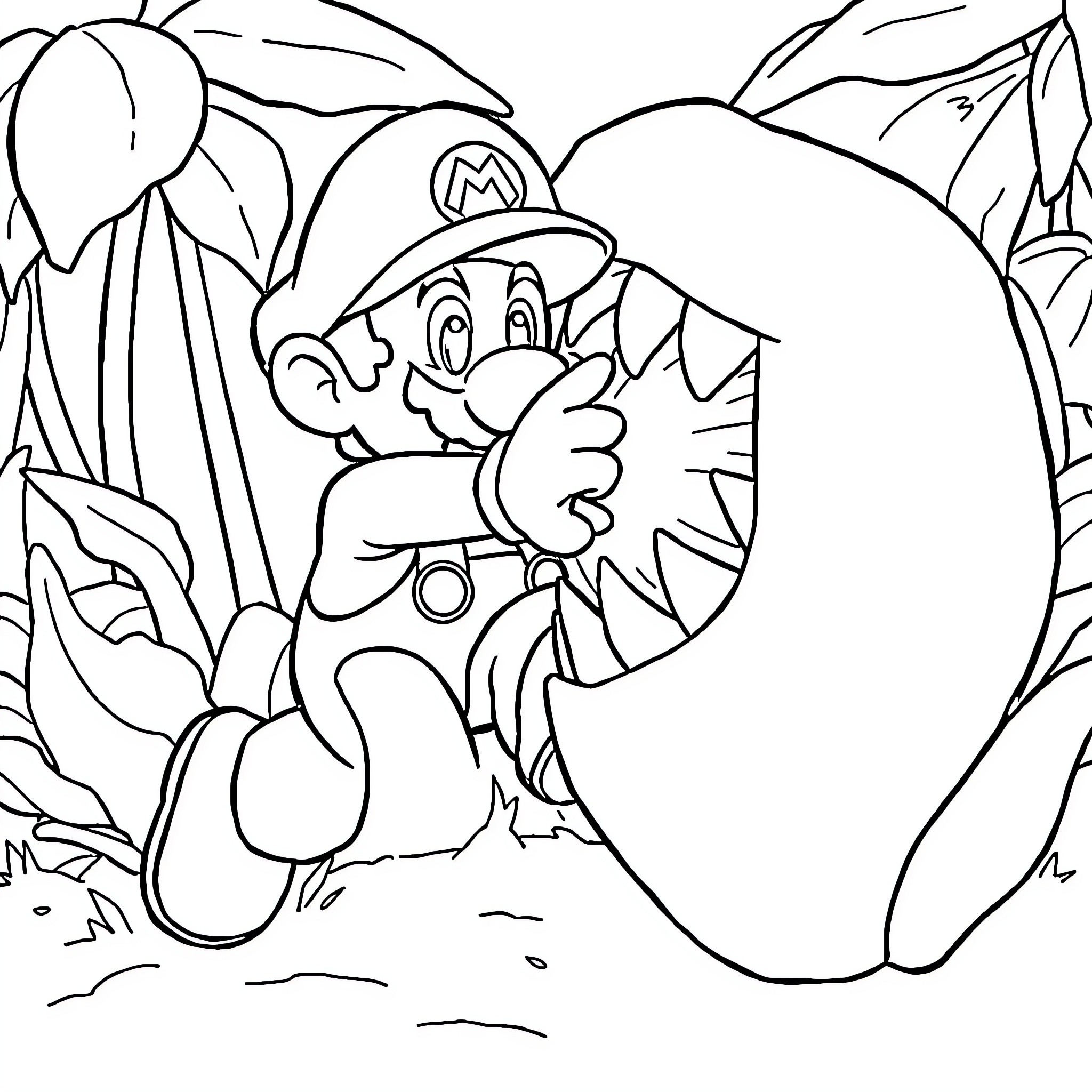 Mario Exploring the Wilderness Coloring Page (free black-and-white line drawing printable PDF for all, from beginners to advanced learners, including children, teens, adults, and seniors)