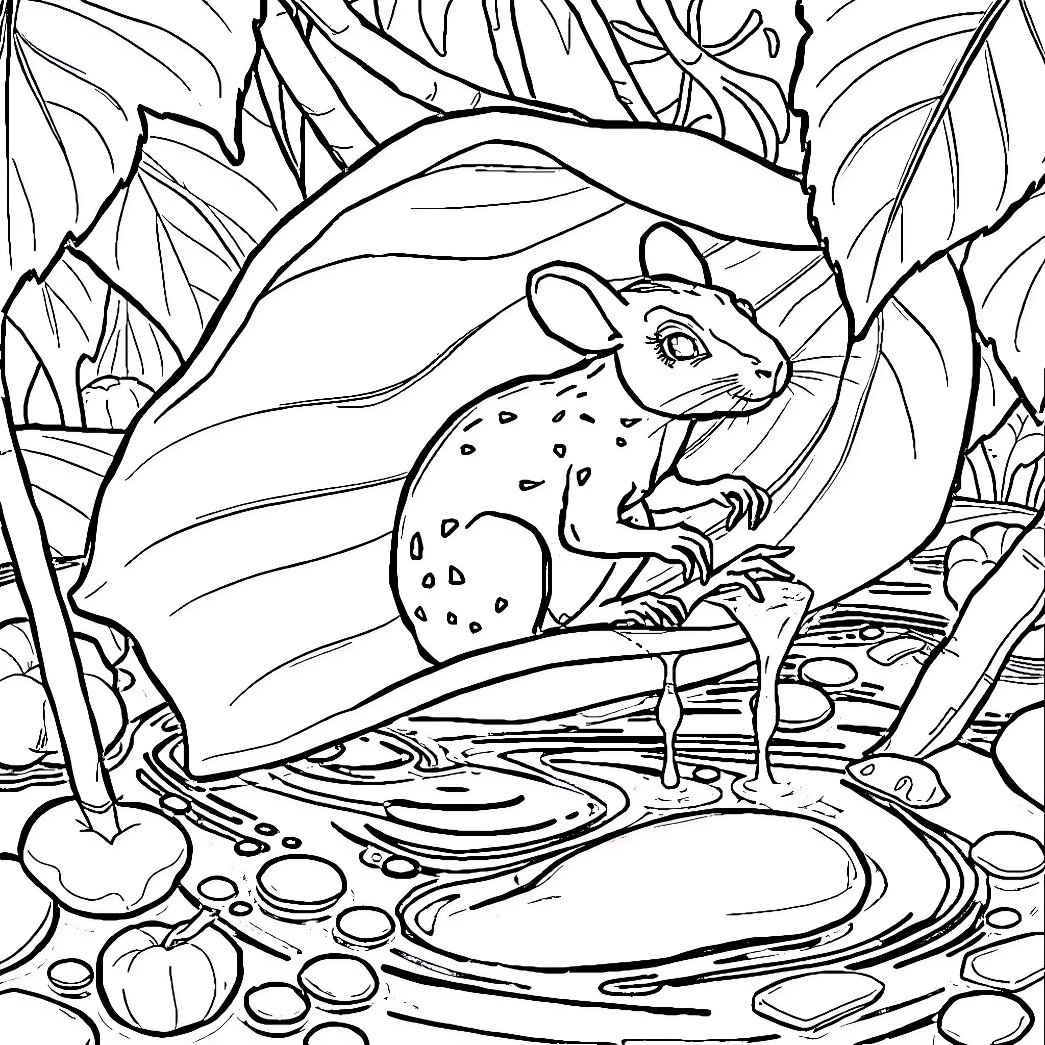 Frog resting on leaf in detailed nature scene Coloring Page (free black-and-white line drawing printable PDF for all, from beginners to advanced learners, including children, teens, adults, and seniors)