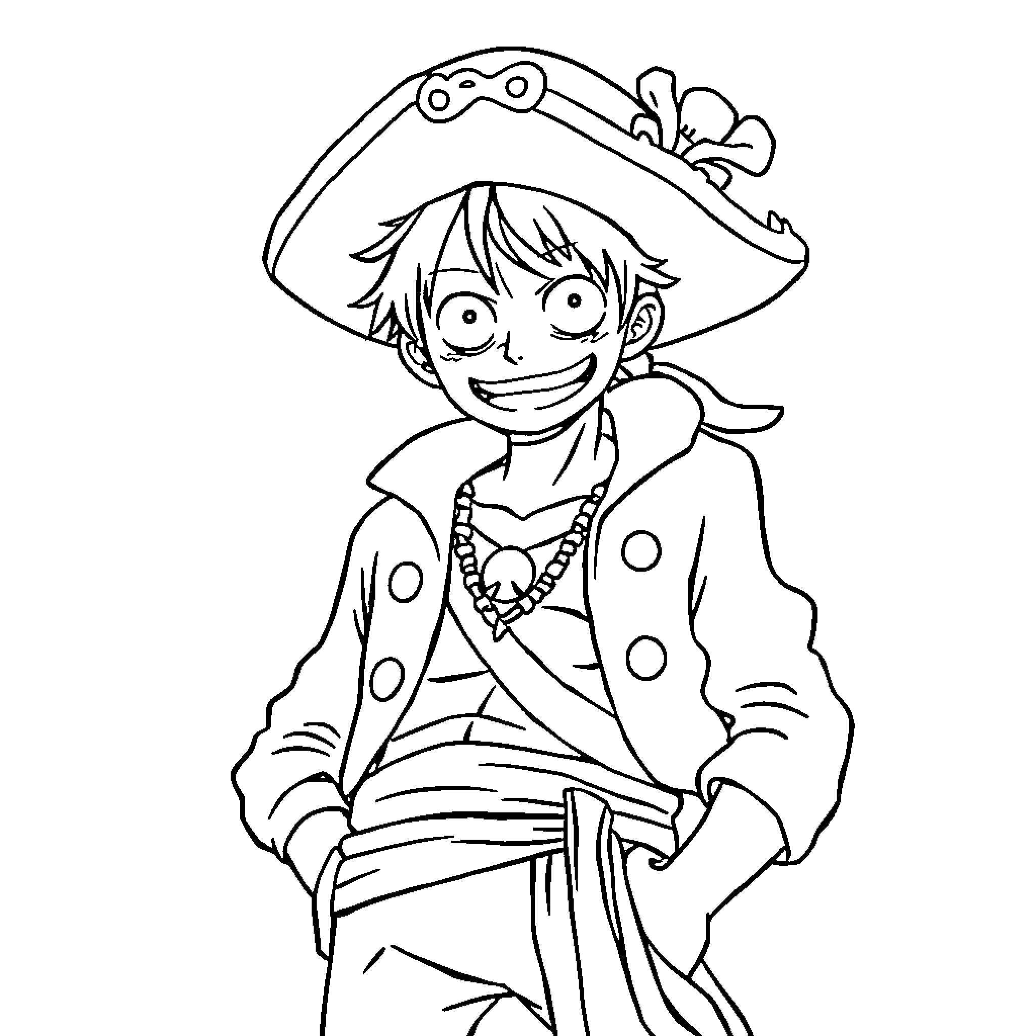 One Piece Protagonist in Signature Pirate Outfit Coloring Page (free black-and-white line drawing printable PDF for all, from beginners to advanced learners, including children, teens, adults, and seniors)