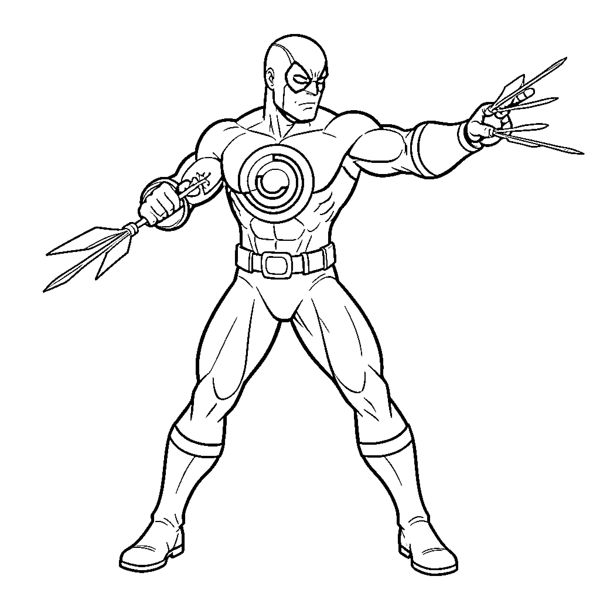 Bullseye superhero striking a pose Coloring Page (free black-and-white line drawing printable PDF for all, from beginners to advanced learners, including children, teens, adults, and seniors)