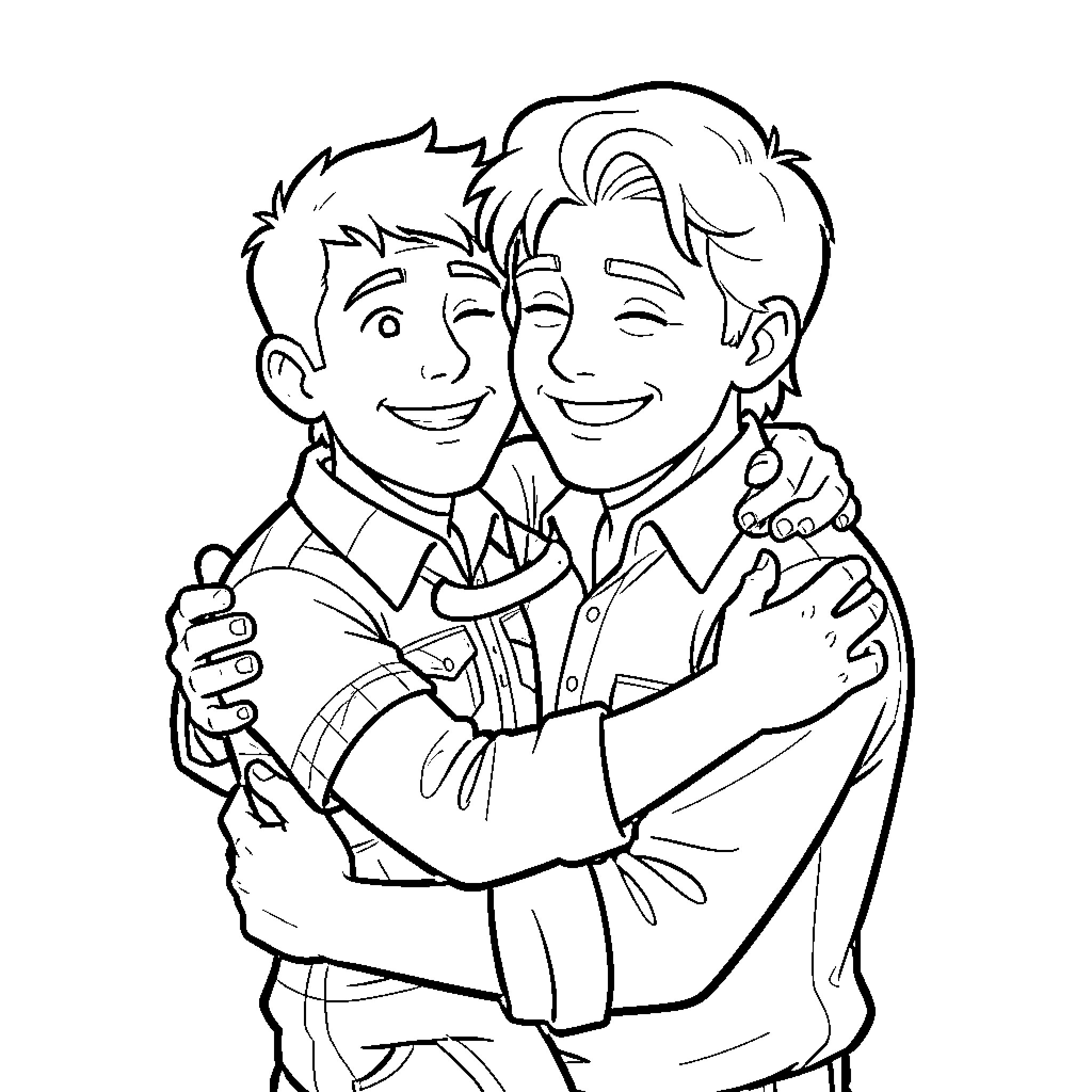 Jesse hugging a friend with happy expressions Coloring Page (free black-and-white line drawing printable PDF for all, from beginners to advanced learners, including children, teens, adults, and seniors)
