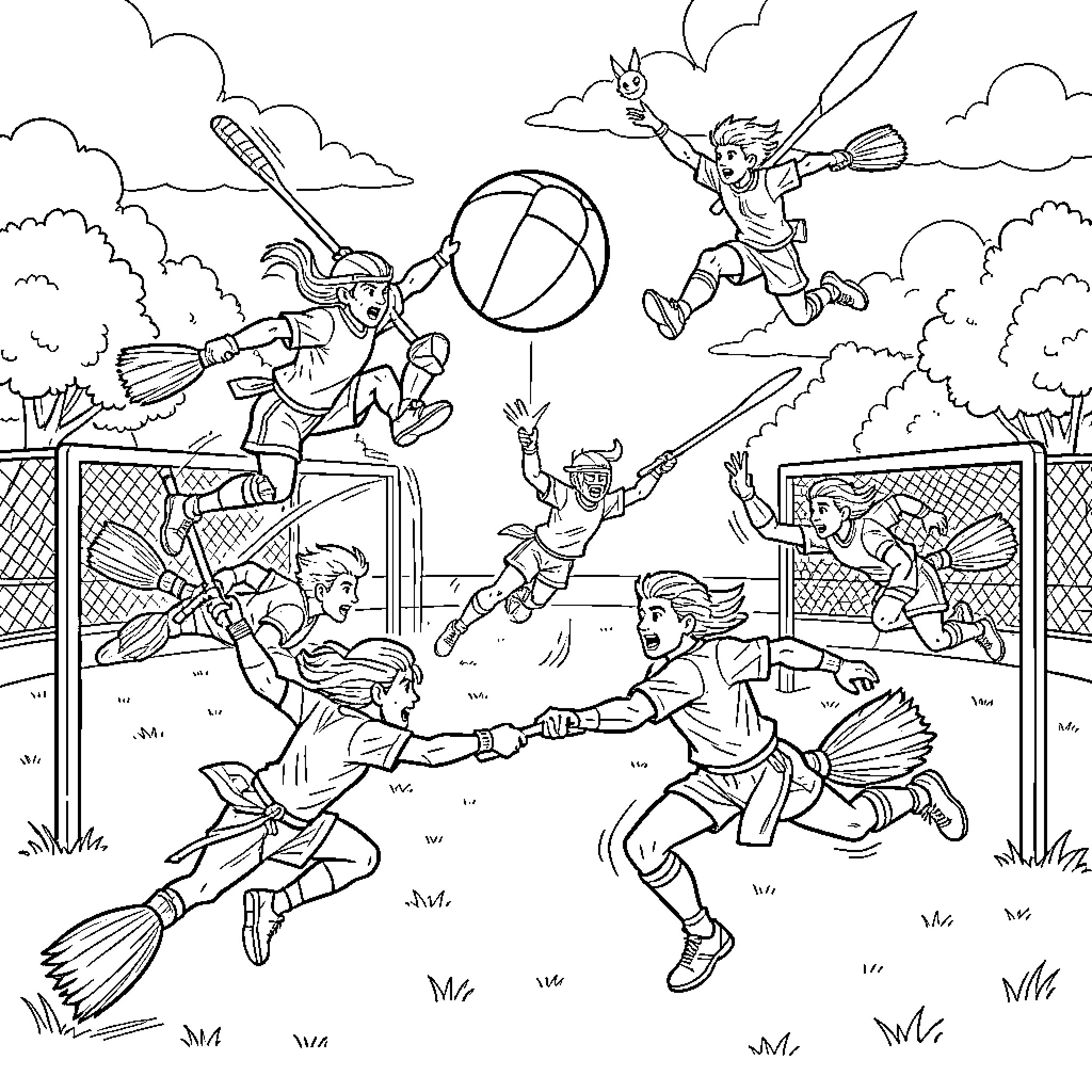 Quidditch players competing intensely during a magical game Coloring Page (free black-and-white line drawing printable PDF for all, from beginners to advanced learners, including children, teens, adults, and seniors)