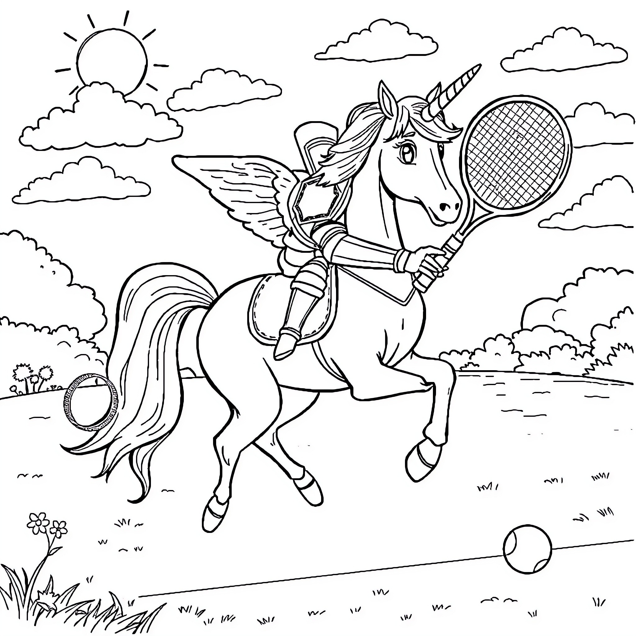 Unicorn playing tennis in the enchanted meadow Coloring Page (free black-and-white line drawing printable PDF for all, from beginners to advanced learners, including children, teens, adults, and seniors)