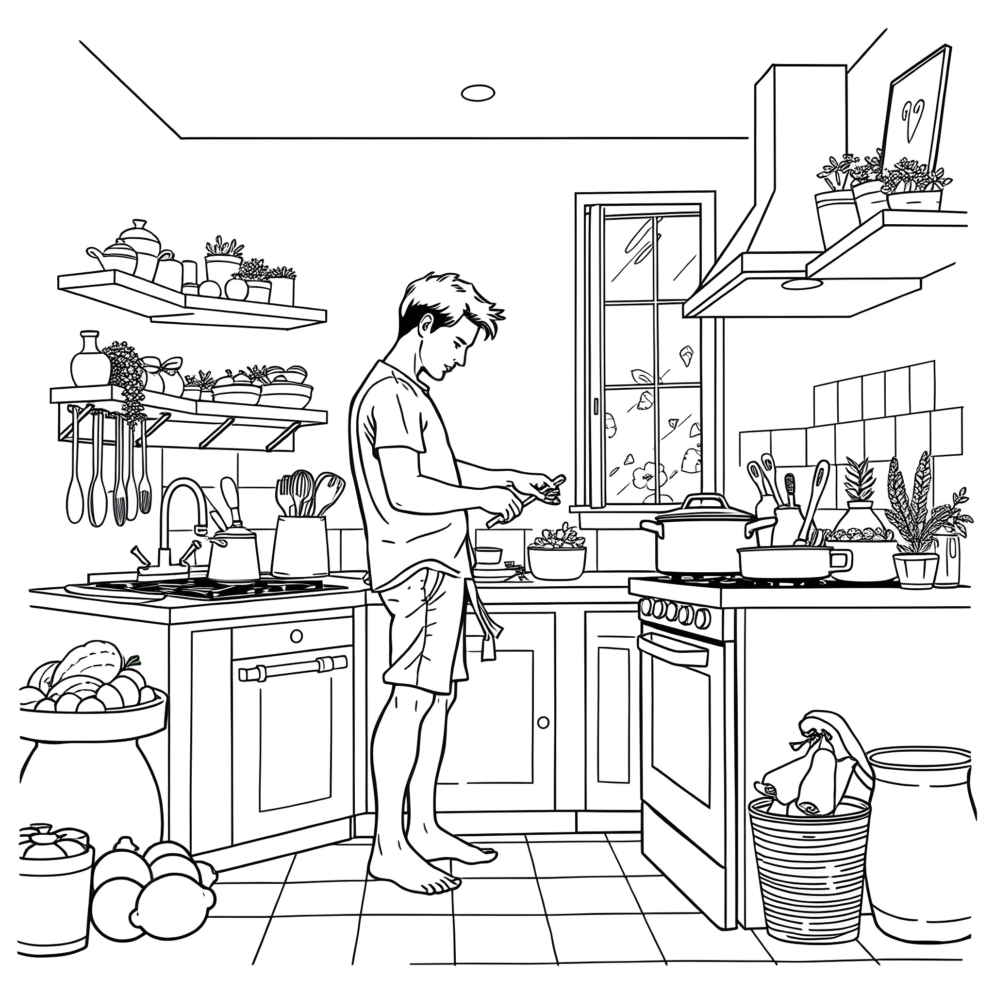 Man preparing a meal in a cluttered kitchen Coloring Page (free black-and-white line drawing printable PDF for all, from beginners to advanced learners, including children, teens, adults, and seniors)