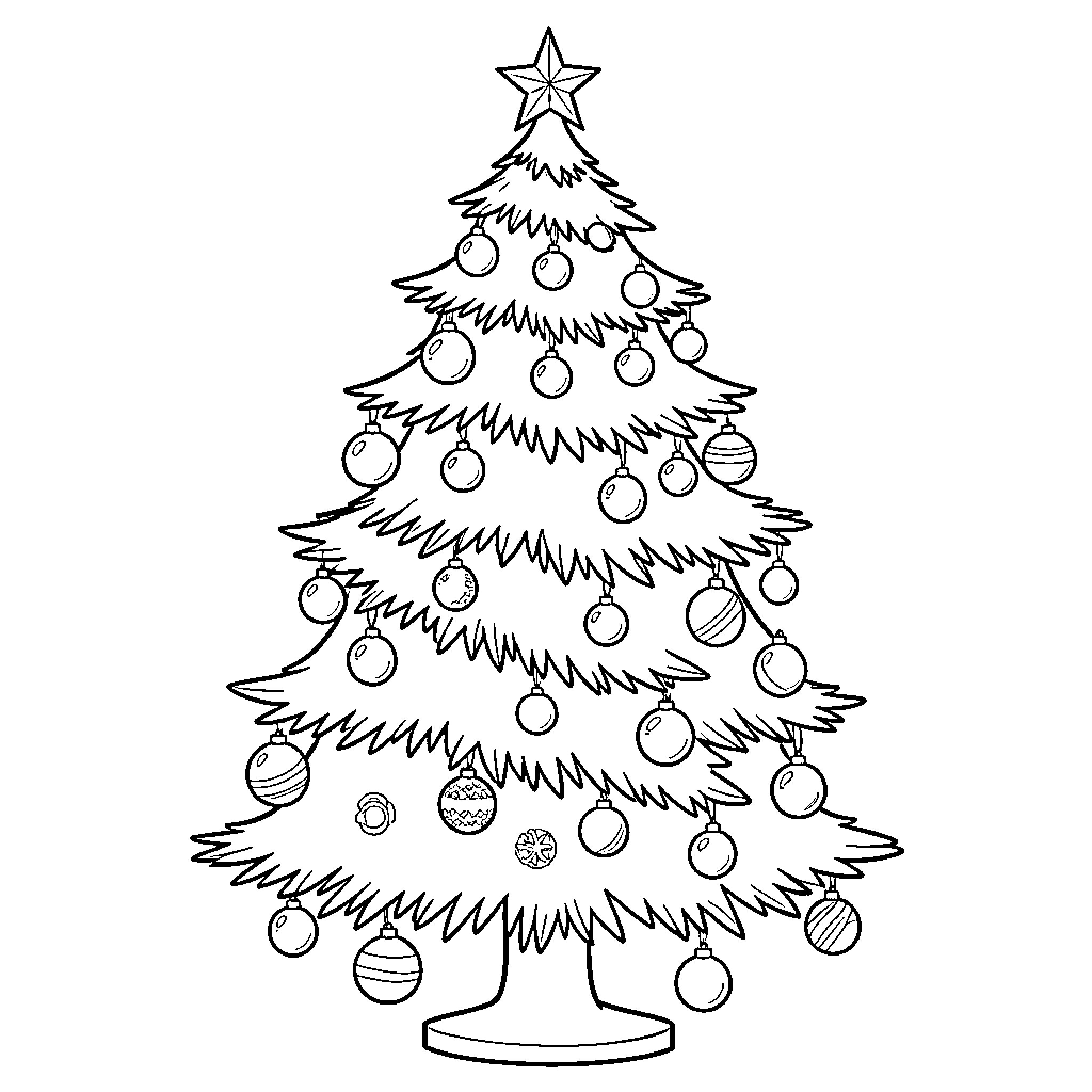 Christmas Tree decorated with many ornaments and a star Coloring Page (free black-and-white line drawing printable PDF for all, from beginners to advanced learners, including children, teens, adults, and seniors)