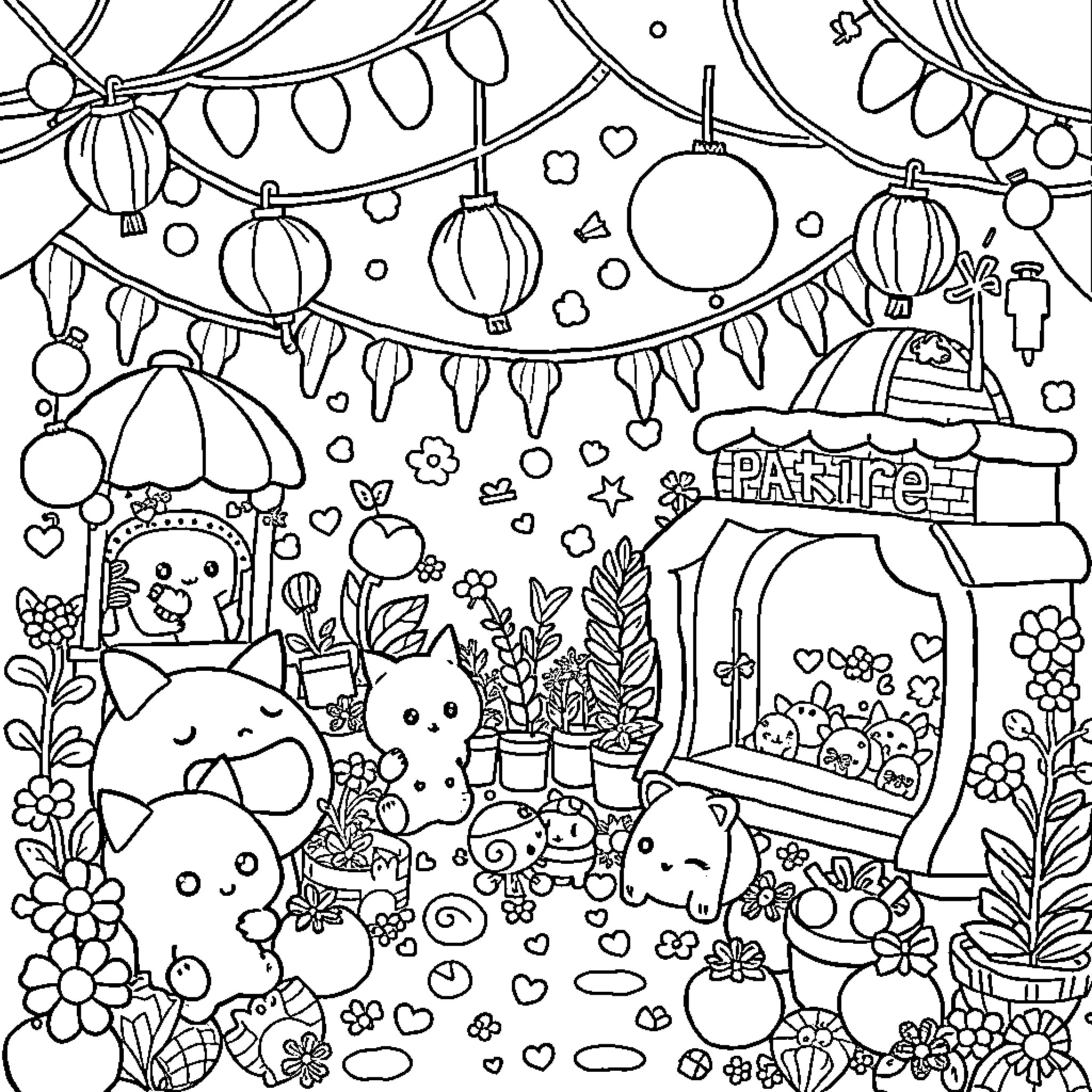 Chica Celebrate in Festive Decorations Coloring Page (free black-and-white line drawing printable PDF for all, from beginners to advanced learners, including children, teens, adults, and seniors)
