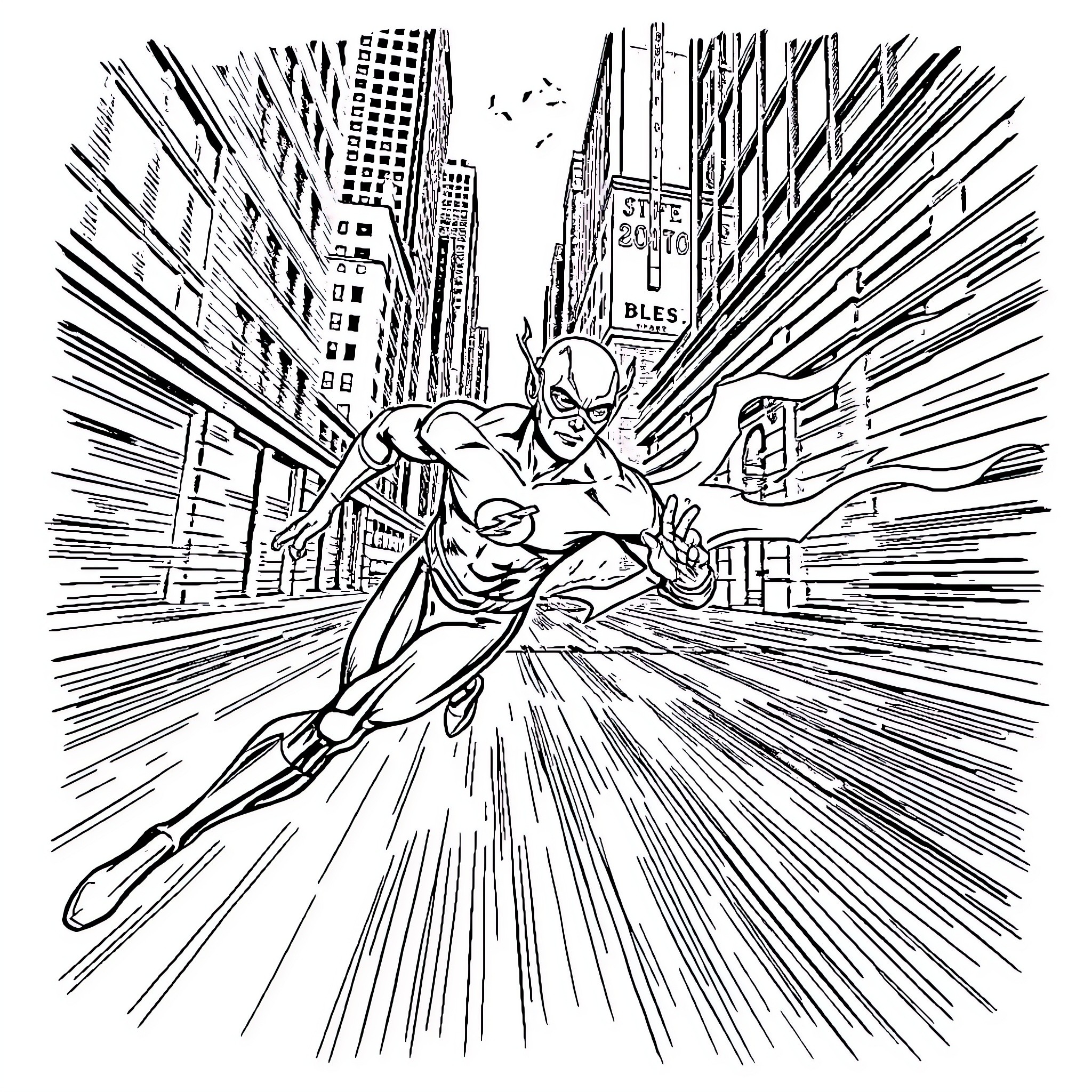 Flash speeding through the city streets Coloring Page (free black-and-white line drawing printable PDF for all, from beginners to advanced learners, including children, teens, adults, and seniors)