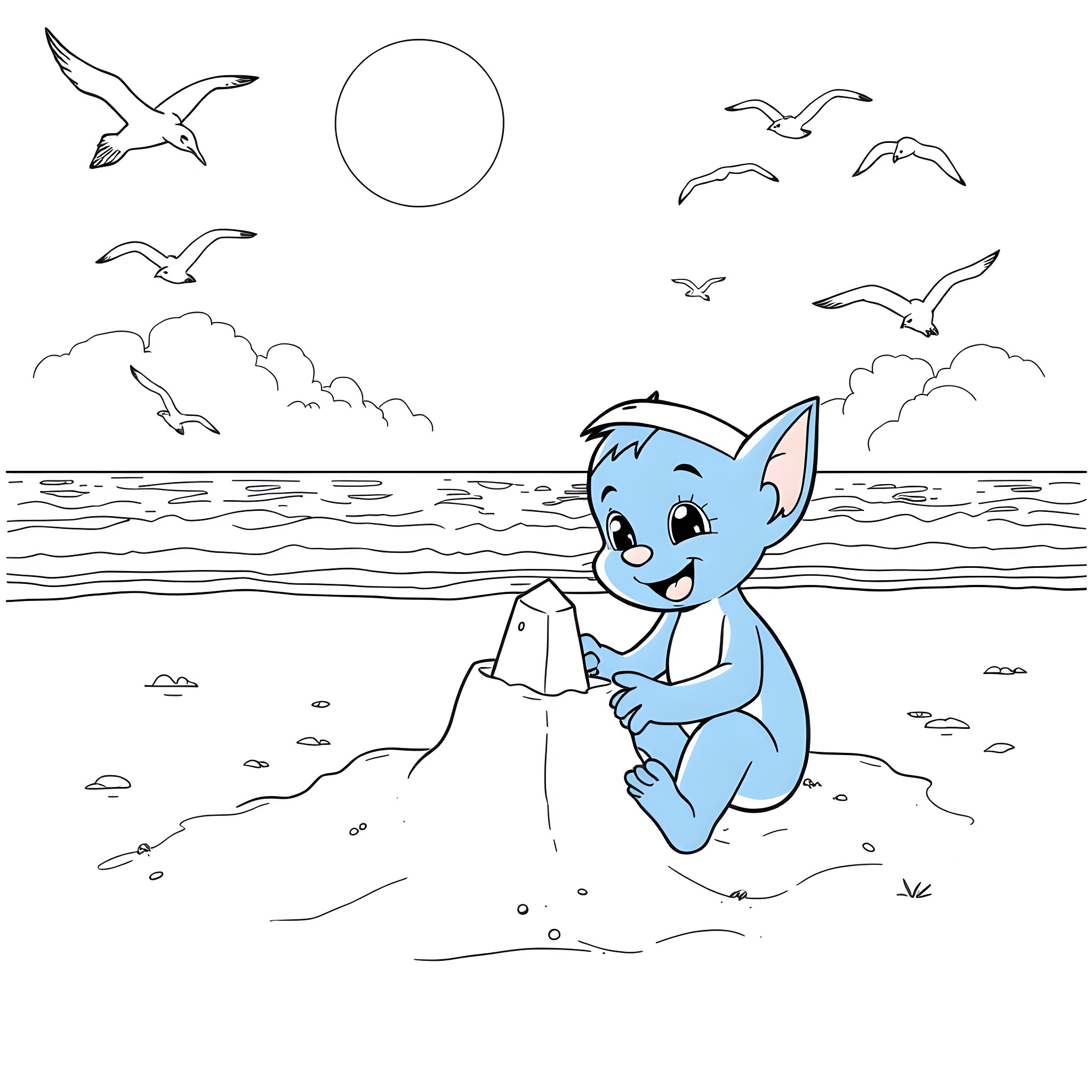 Bluey playing happily on the beach with seagulls Coloring Page (free black-and-white line drawing printable PDF for all, from beginners to advanced learners, including children, teens, adults, and seniors)