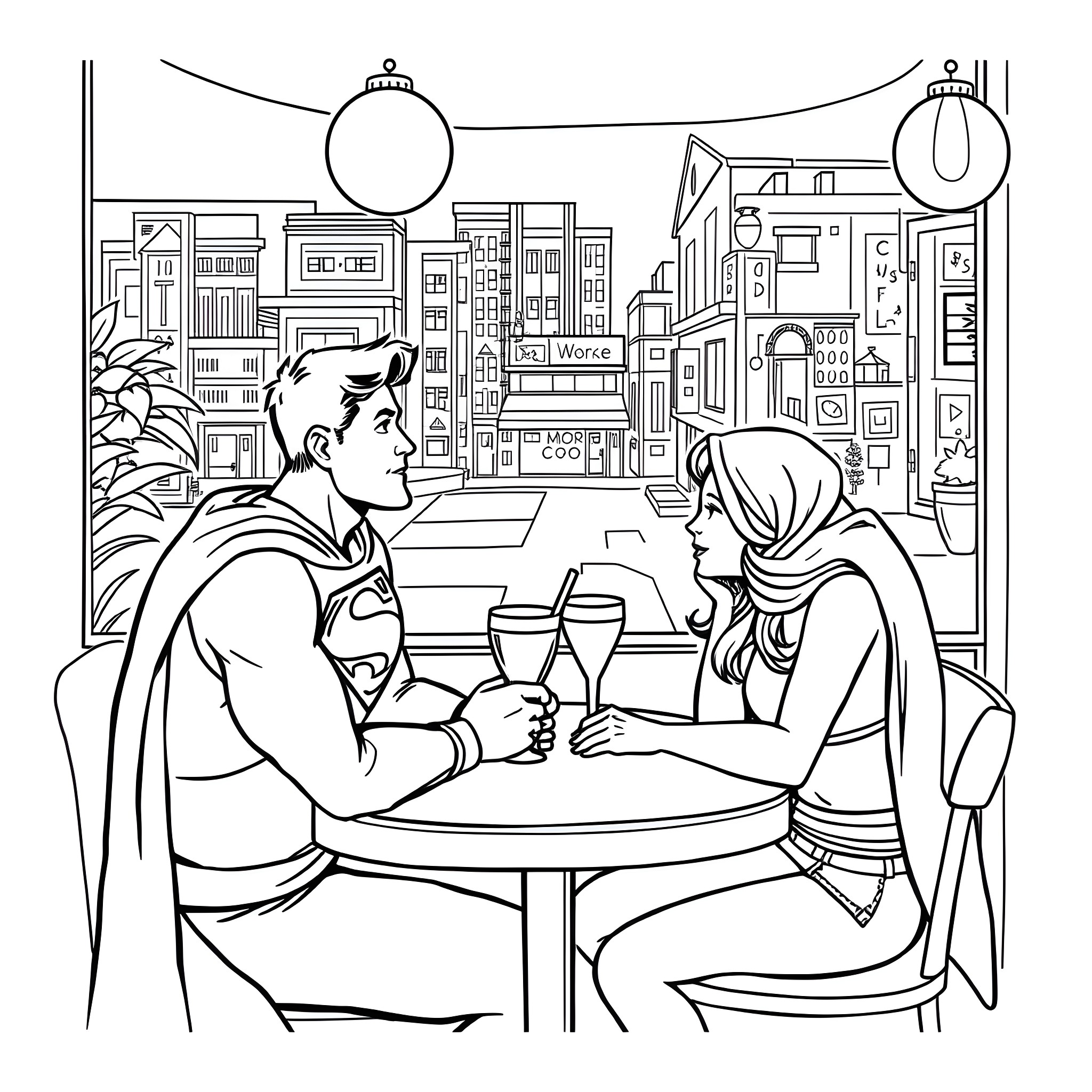 Superman enjoying a coffee date with a woman in a city cafe Coloring Page (free black-and-white line drawing printable PDF for all, from beginners to advanced learners, including children, teens, adults, and seniors)