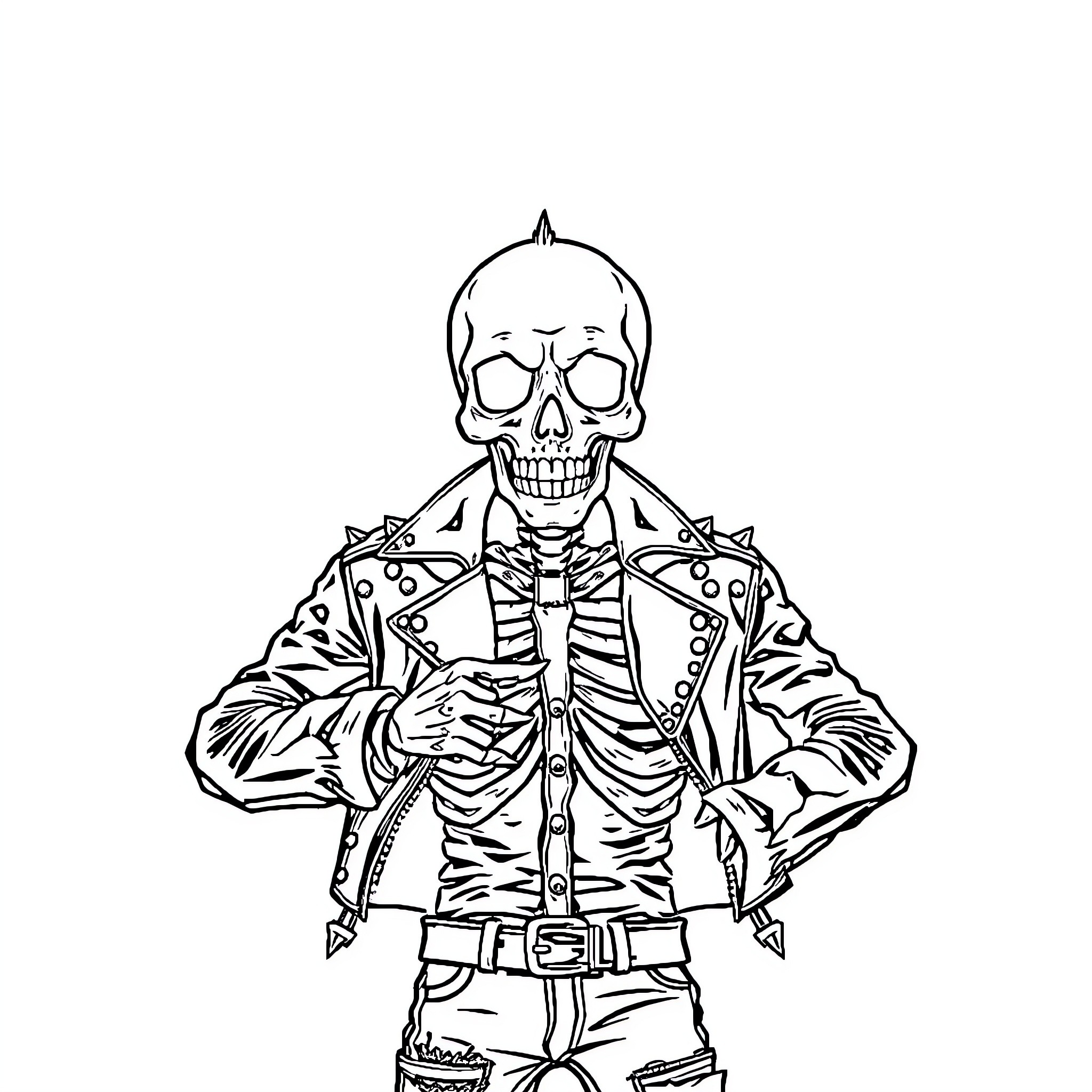 Skeleton in punk rock attire Coloring Page (free black-and-white line drawing printable PDF for all, from beginners to advanced learners, including children, teens, adults, and seniors)