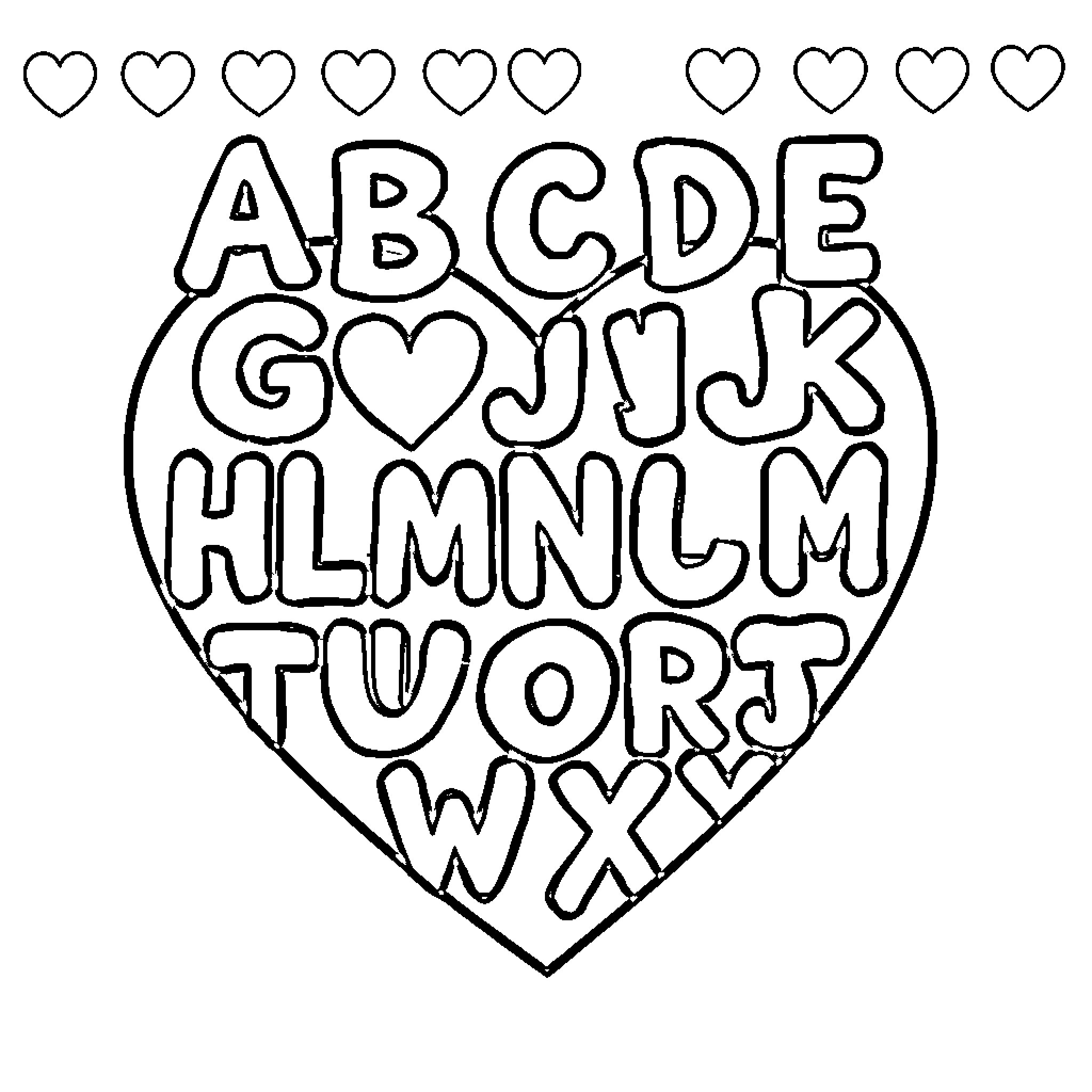 Heart-shaped alphabet with love symbols Coloring Page (free black-and-white line drawing printable PDF for all, from beginners to advanced learners, including children, teens, adults, and seniors)