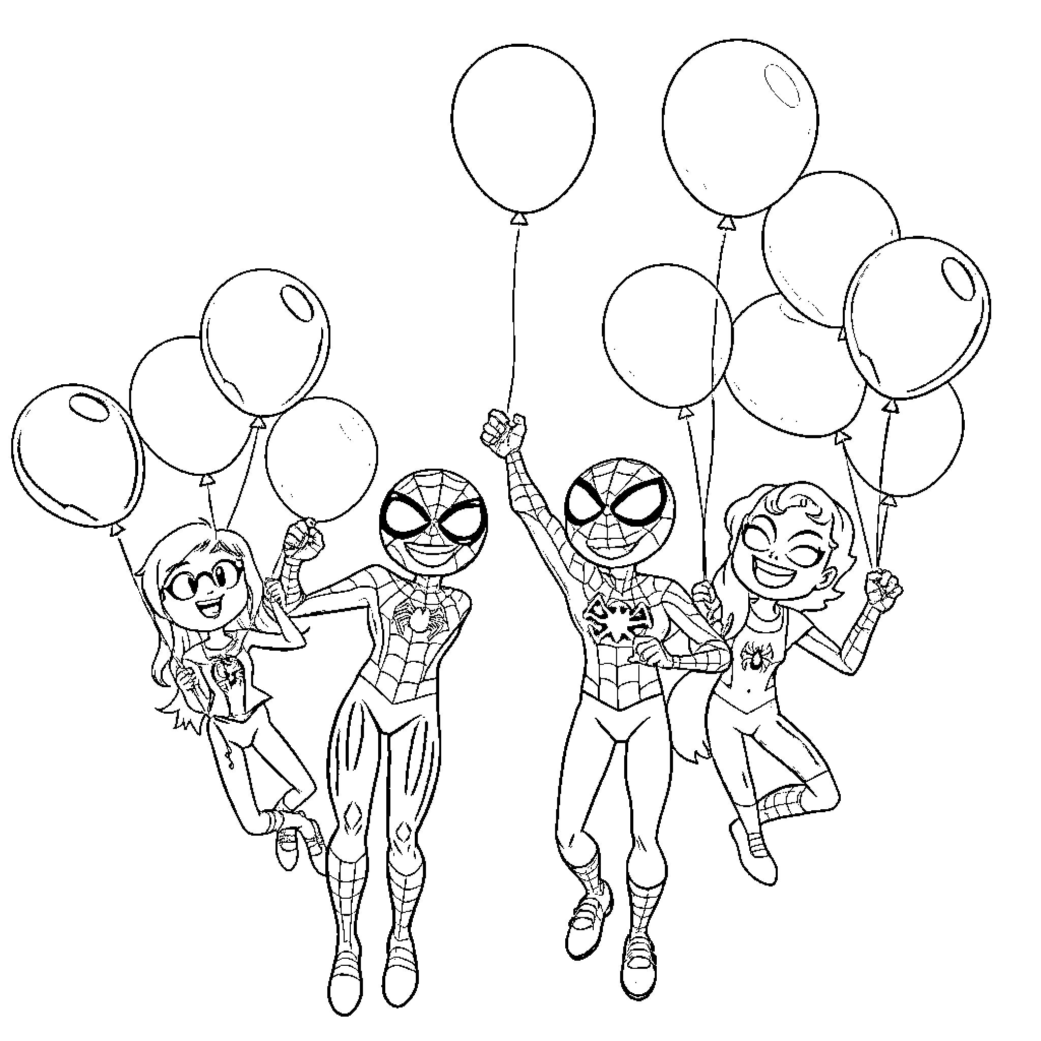 Spider-themed characters celebrate with balloons Coloring Page (free black-and-white line drawing printable PDF for all, from beginners to advanced learners, including children, teens, adults, and seniors)