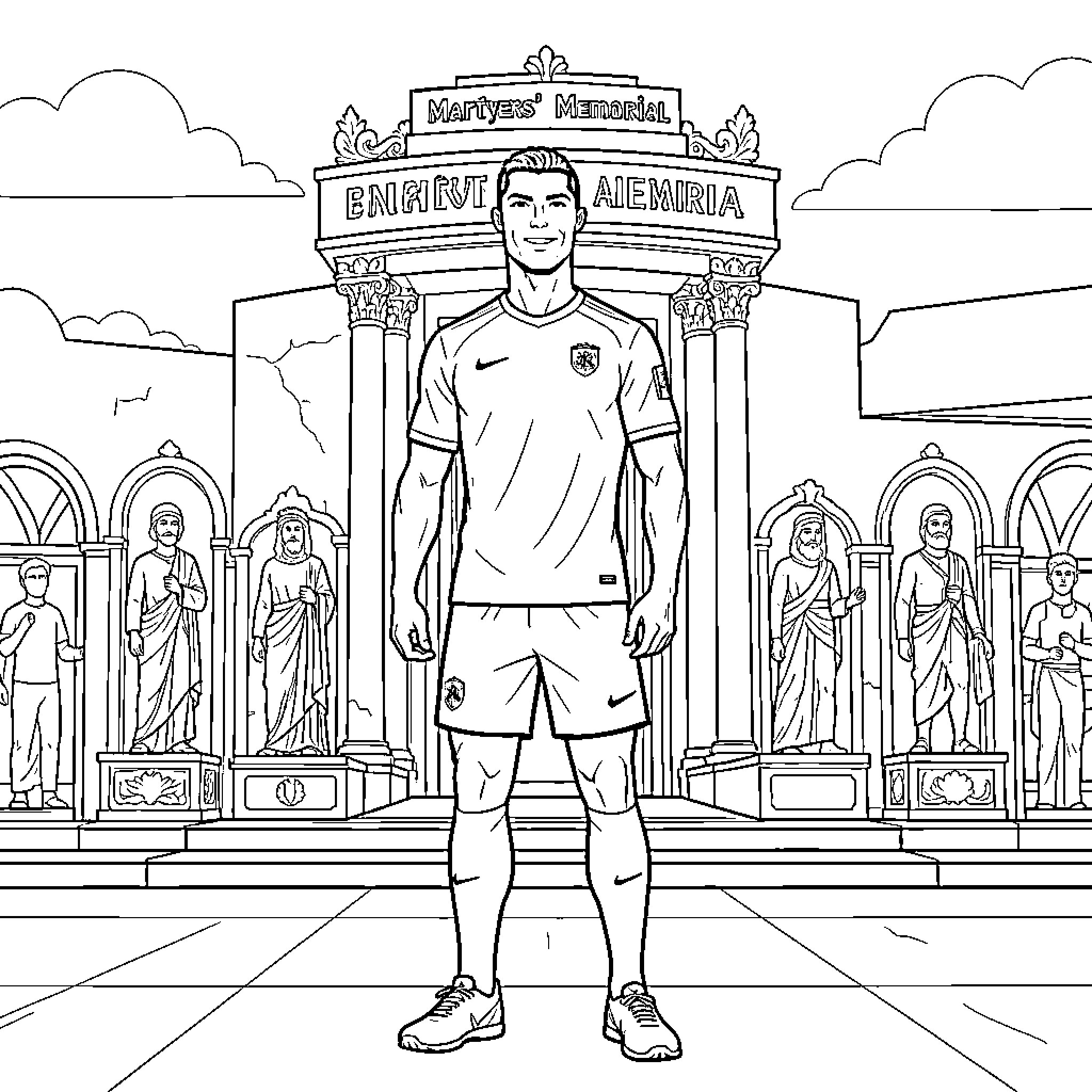 Cristiano Ronaldo smiling in a football kit standing before monuments Coloring Page (free black-and-white line drawing printable PDF for all, from beginners to advanced learners, including children, teens, adults, and seniors)