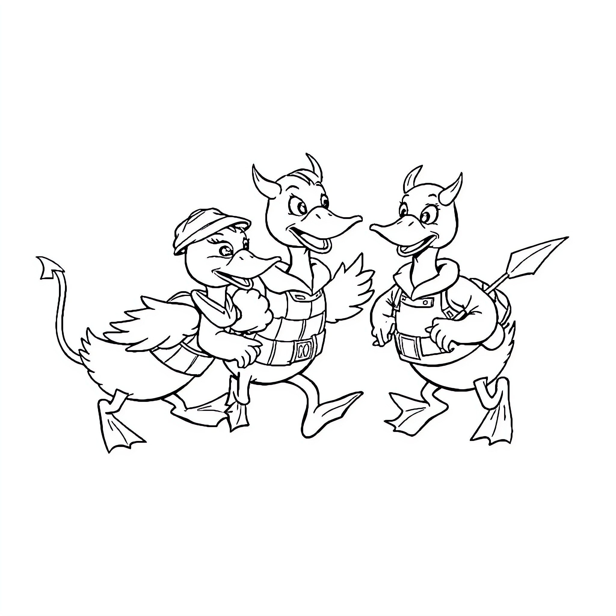 Devil Ducks playing mischievously with each other Coloring Page (free black-and-white line drawing printable PDF for all, from beginners to advanced learners, including children, teens, adults, and seniors)