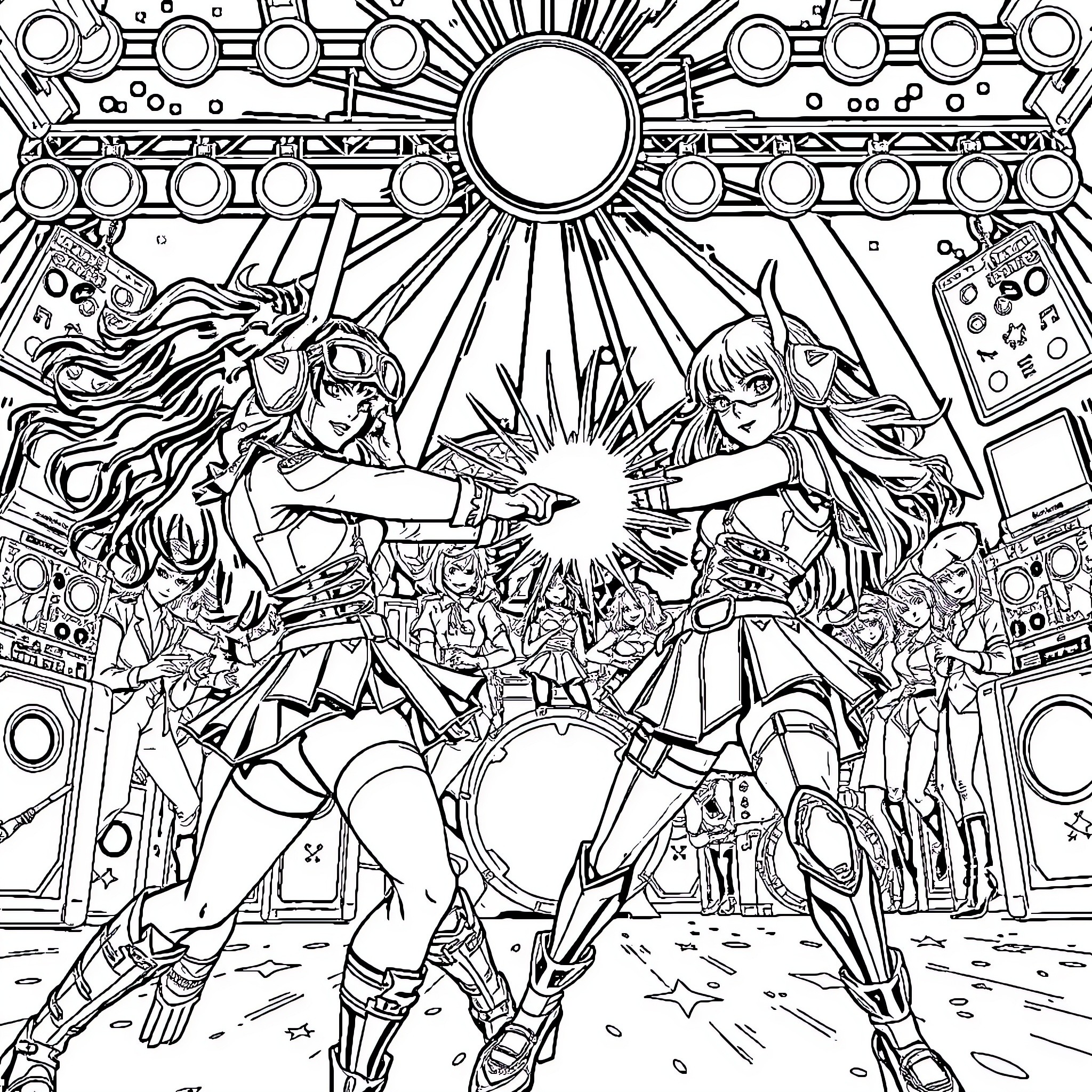 Guerrera Warriors in Cosmic Battle Coloring Page (free black-and-white line drawing printable PDF for all, from beginners to advanced learners, including children, teens, adults, and seniors)